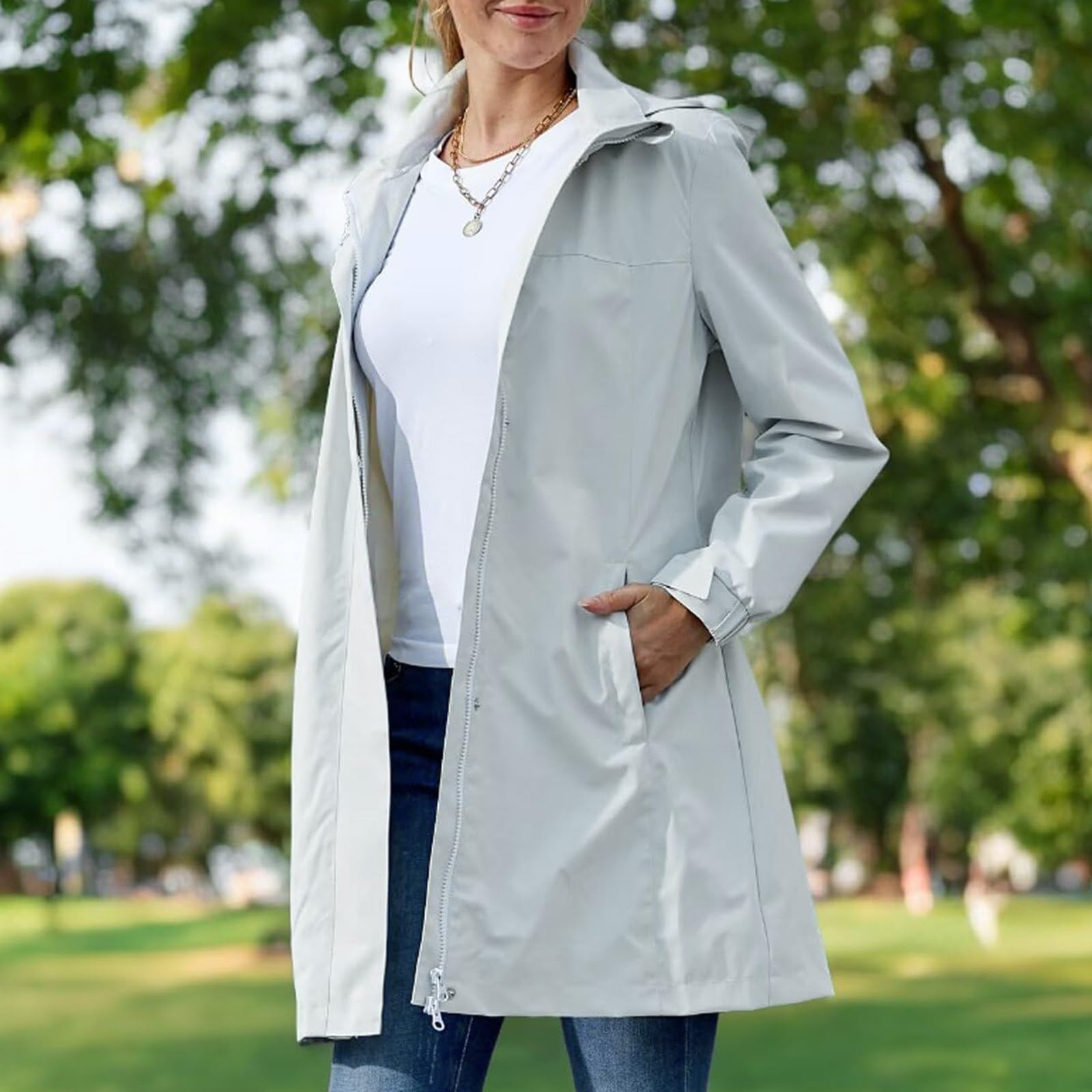 Generisch Poncho de lluvia para mujer, largo, impermeable, con capucha, transpirable, cortavientos, chaqueta de manga larga con cremallera, chaqueta ligera para el tiempo libre