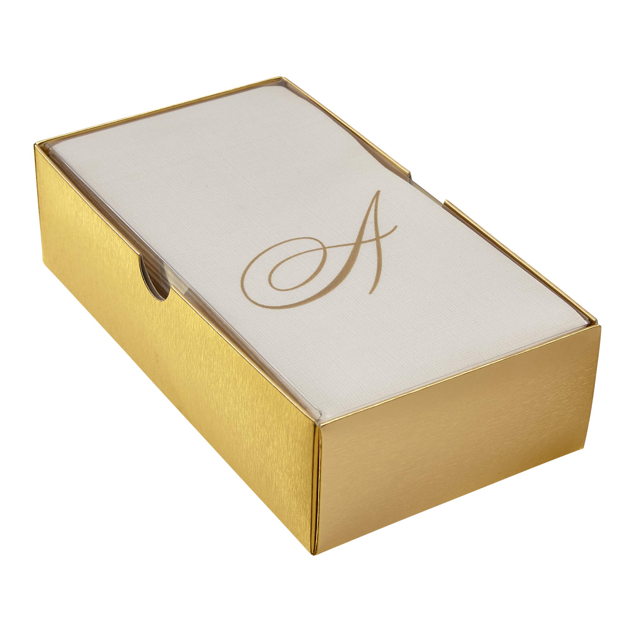 LINEN FEEL DISPOSABLE MONOGRAMMED GUEST TOWELS | European Made | Initial “A” | 24 pc | for Upscale Wedding and Dining (Ivory/Gold)