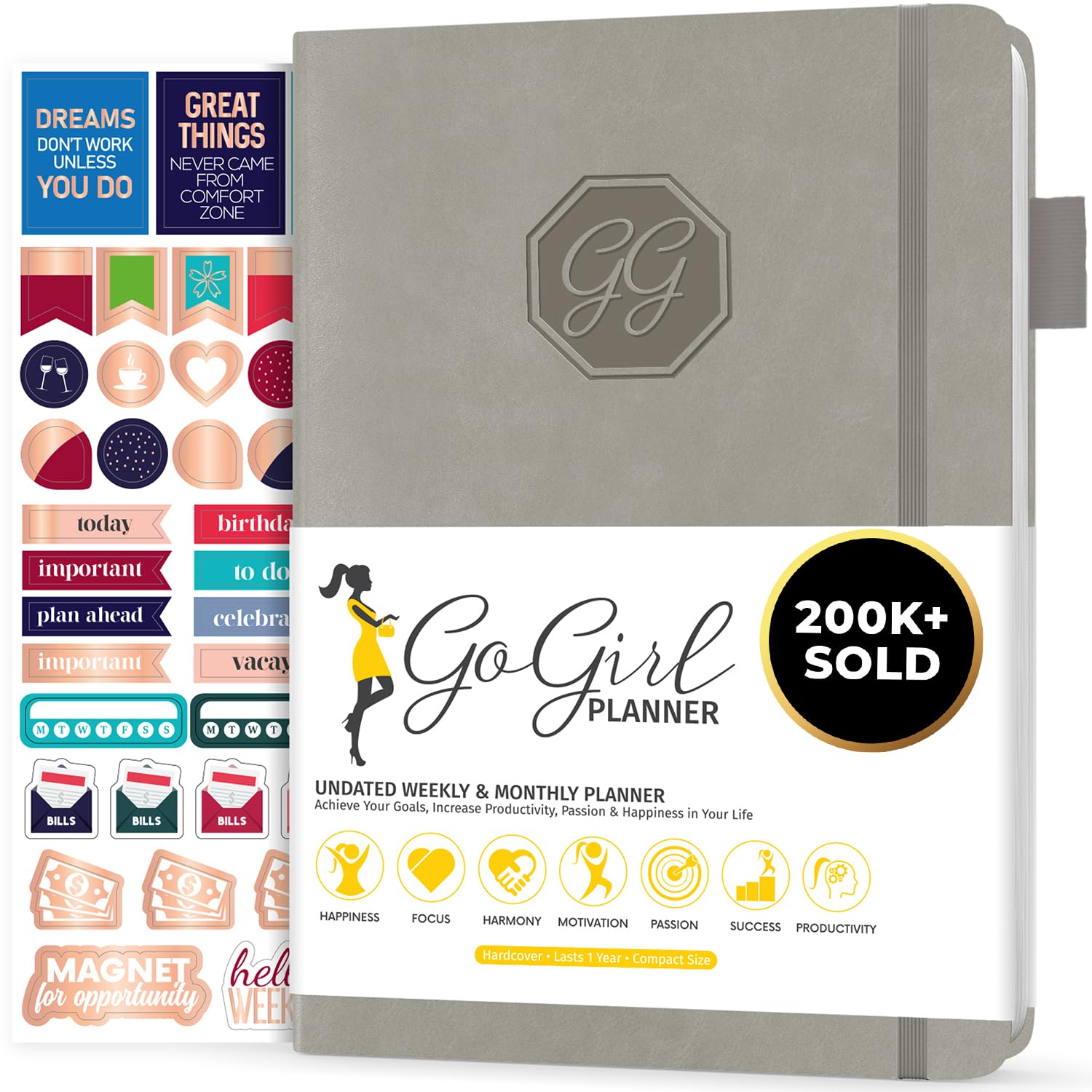 GoGirl Planner and Organizer for Women – Compact Size Weekly Planner, Goals Journal & Agenda to Improve Time Management, Productivity & Live Happier. Undated – Start Anytime, Lasts 1 Year – Gray