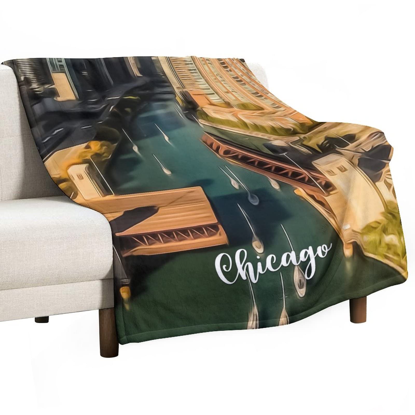 Couverture réversible en polaire 130x150 plaid lit enfant adulte paysage Chicago 3D