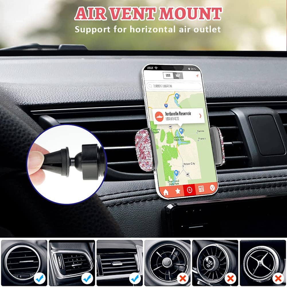 eing Car Phone Mount Bling Crystal Cell Phone Holder with One More Air Vent Base,Universal Phone Mount Holder Cradle for Dashboard,Windshield and Air Vent,Pink