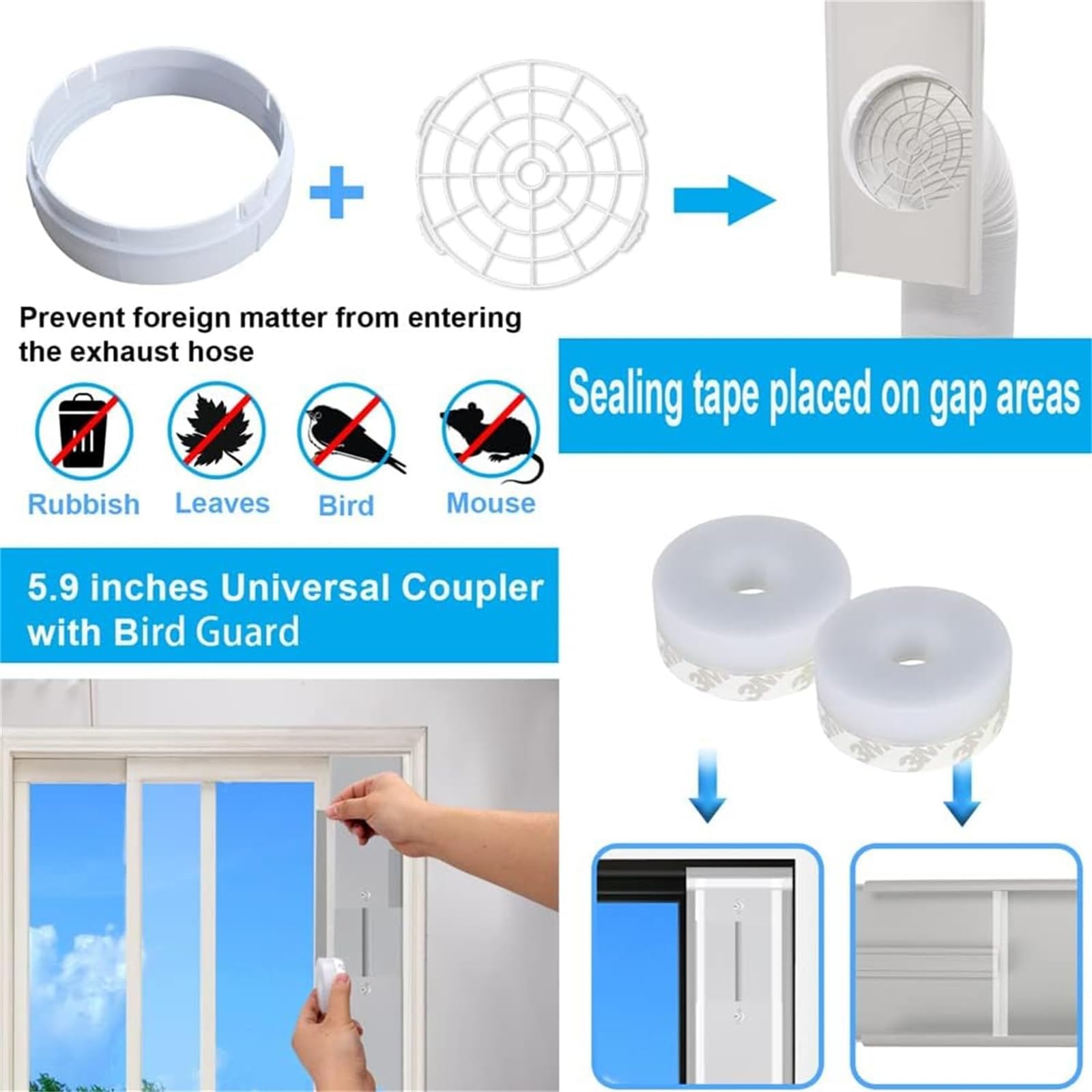 Kit Calfeutrage Climatiseur, Kit Fenêtre pour Climatiseur Mobile, 6 Pièces, 16 x 43-229cm avec Adaptateur de Tuyau d'Évacuation d'Air 15cm, Calfeutrage Fenêtre pour Climatiseur Mobile