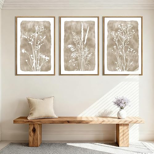 Miniatura 3 de ANHUIB Obra de arte beige enmarcada de 16 x 24 pulgadas, arte de pared floral beige grande neutro para decoración de pared, diseño de plantas