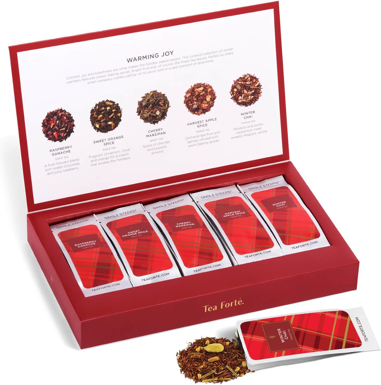 Tea Forte Warming Joy Tea Sampler Pack - 15 Assorted Single Serve Pouches of Organic Loose Leaf Tea, Each Steeps 12oz