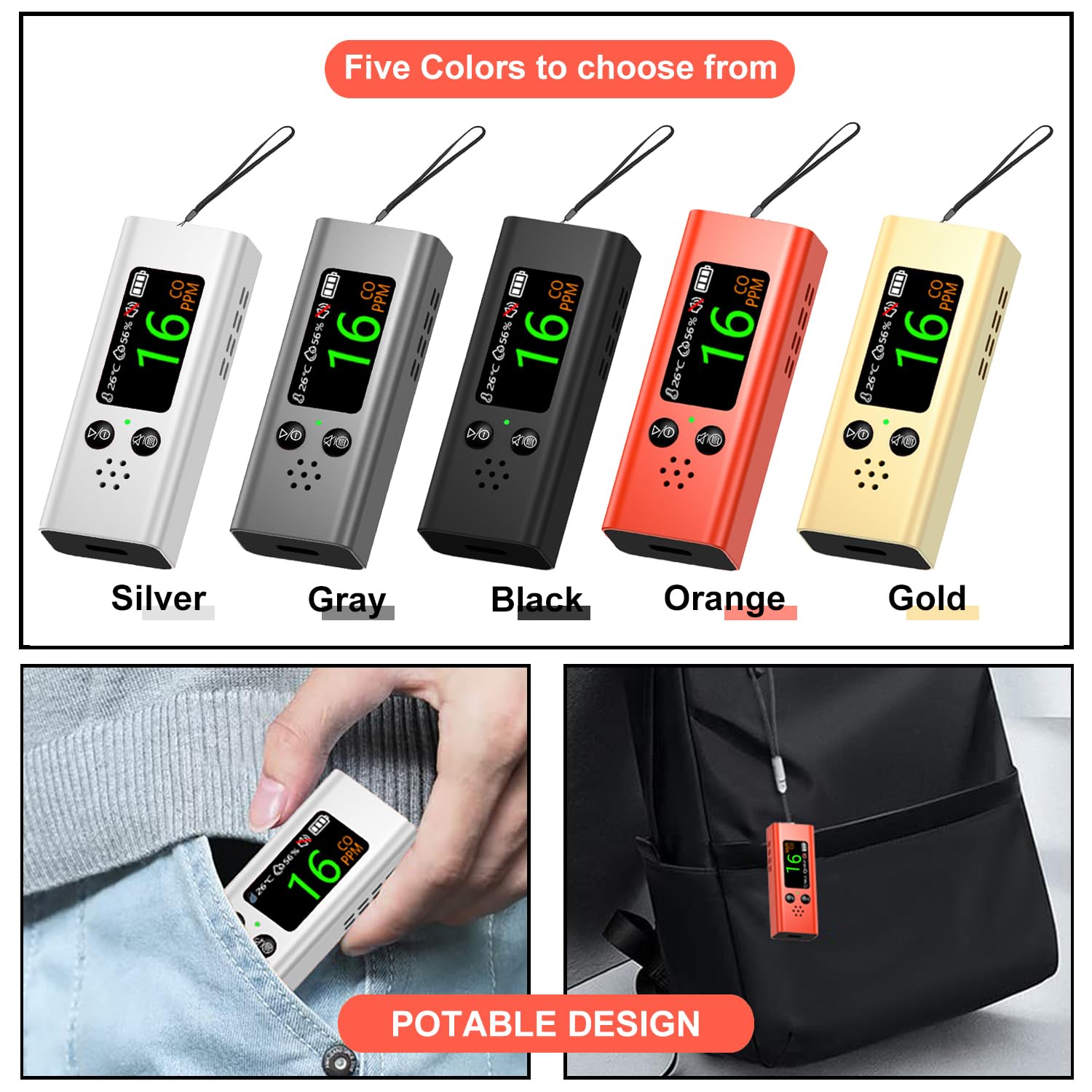 Portable koolmonoxidedetector CO Alarm 3in1 Handheld Co