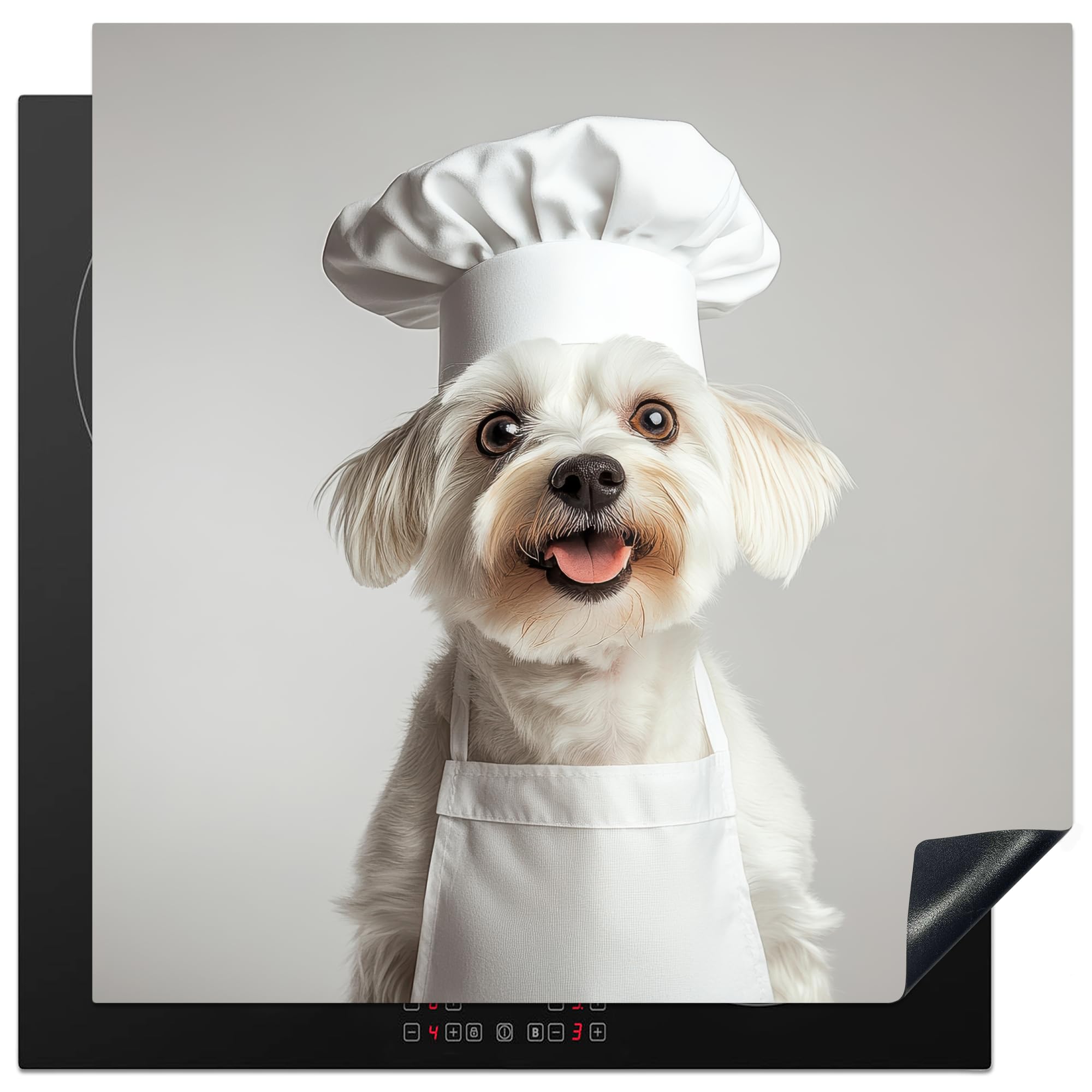 KitchenYeah© Induction Hob Protector Mat 30.7"x30.7" / 78x78 cm Cooker Top Protectors Cover Ceramic Covers Electric Hobs Vinyl Dog - White - Chefs Hat