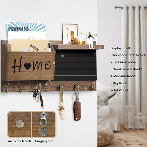 Miniatura 5 de RELBRO Soporte para Llaves de Pared, Organizador de Correo y Llaves de Pizarra de Madera con Estante, 12 Ganchos para Llaves, Marrón