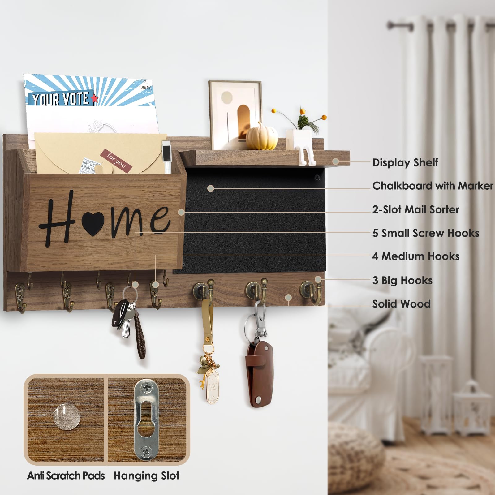 Sleutelhouder wandmontage, zwarte houten postsleutelorganizer met lade Sleutelhouder wandmontage, zwarte houten postsleutelorganizer met lade