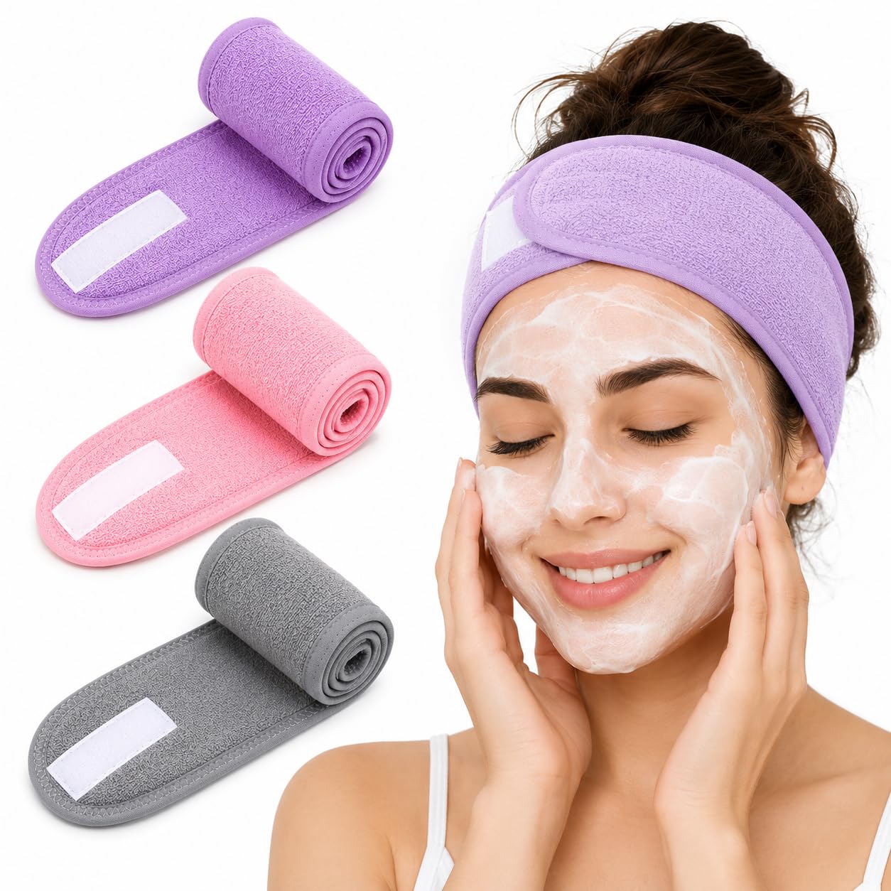 Facial Headband Cotton Terry Pack of 3 | Adjustable Velcro Wrap, For Women & Men, Soft Hair Band, Spa & Yoga Use, Skincare & Makeup-image-33