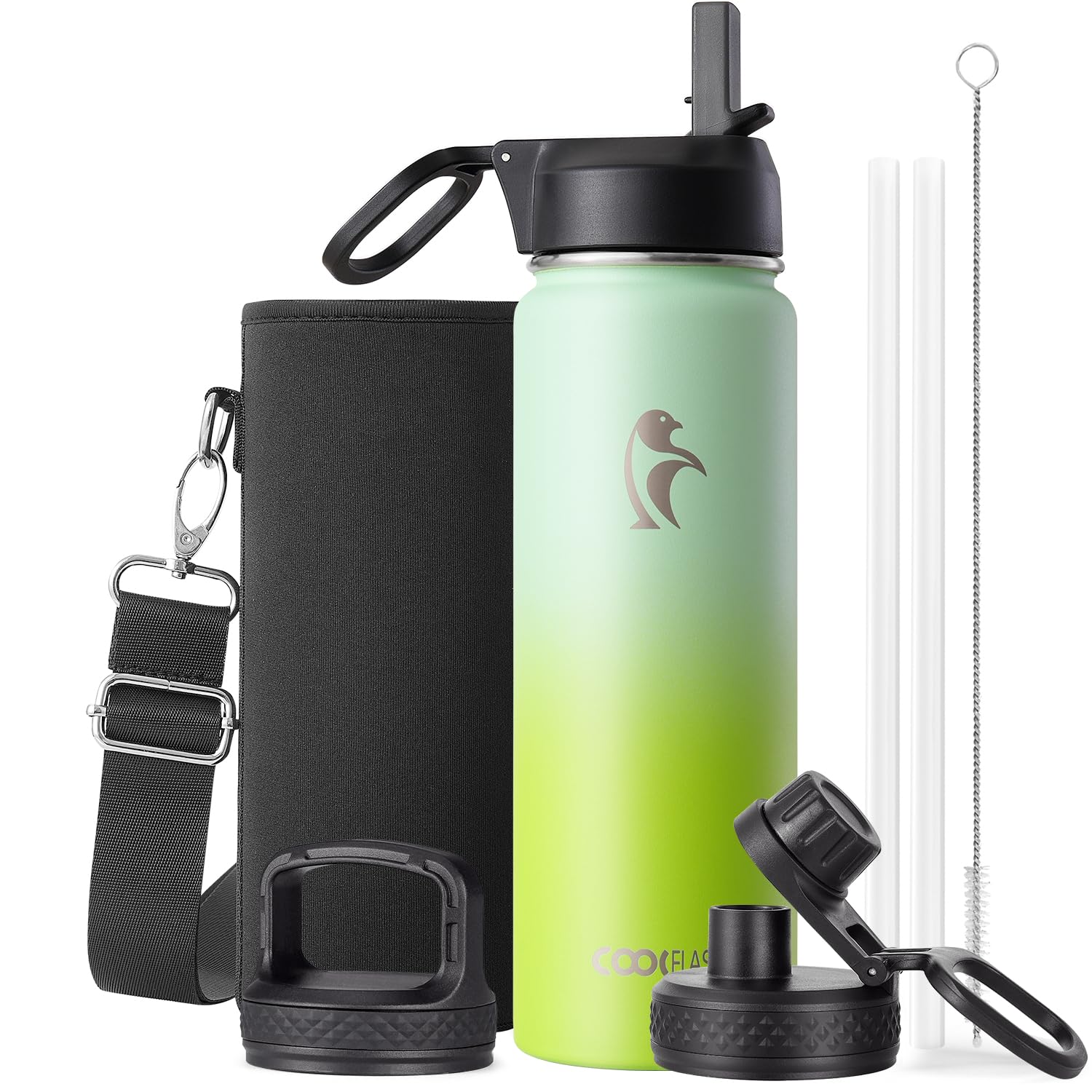 Coolflask Borraccia termica da 590 ml, con cannuccia, in acciaio inox, con 3 coperchi, imboccatura larga, per sport o ufficio, senza BPA, mantiene il freddo fino a 48 ore o caldo fino a 24 ore, verde