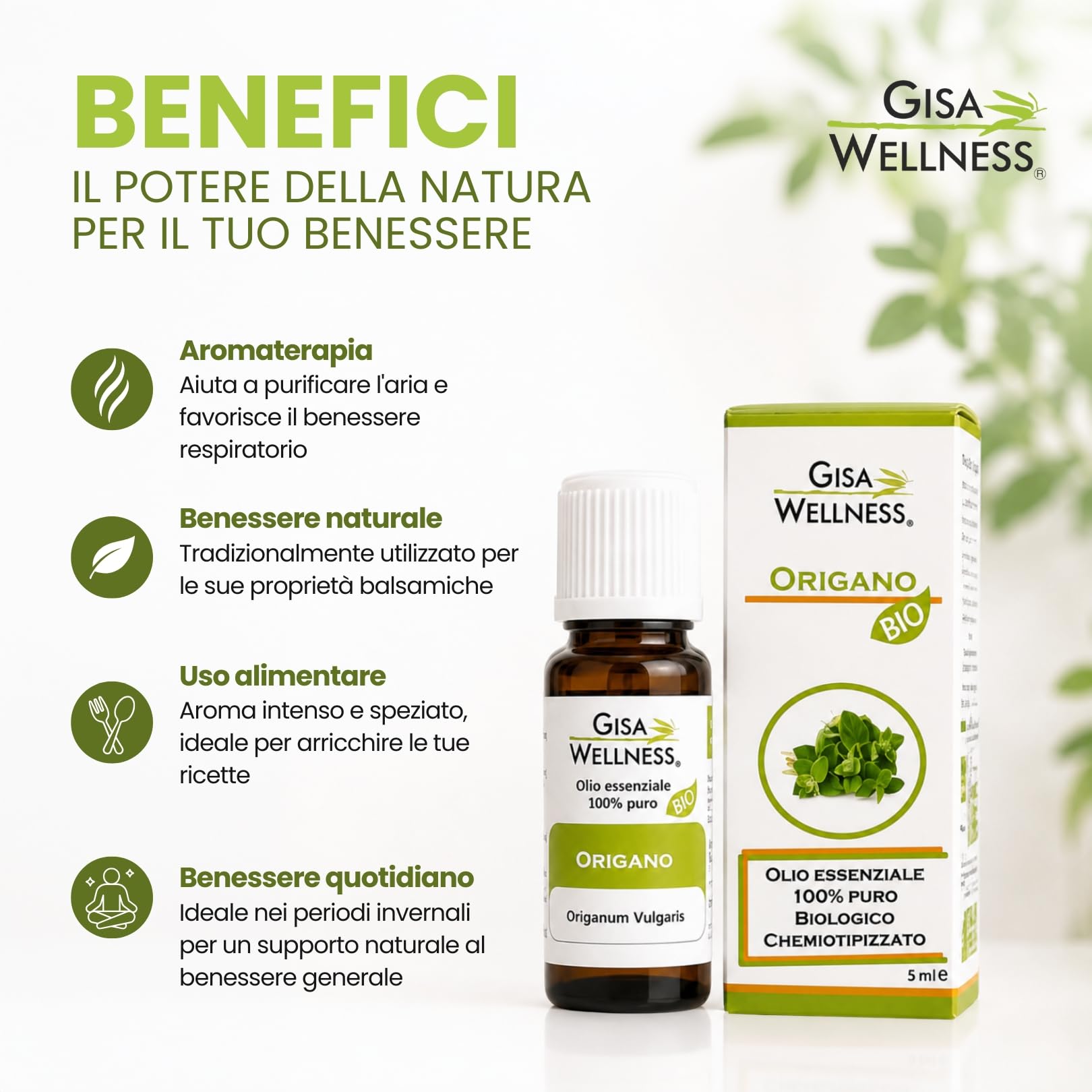 Olio Essenziale di Origano Bio 10ml, Olio di Origano Puro 100% e Naturale per Aromaterapia, Diffusori e Uso Alimentare, Made in Italy Gisa Wellness