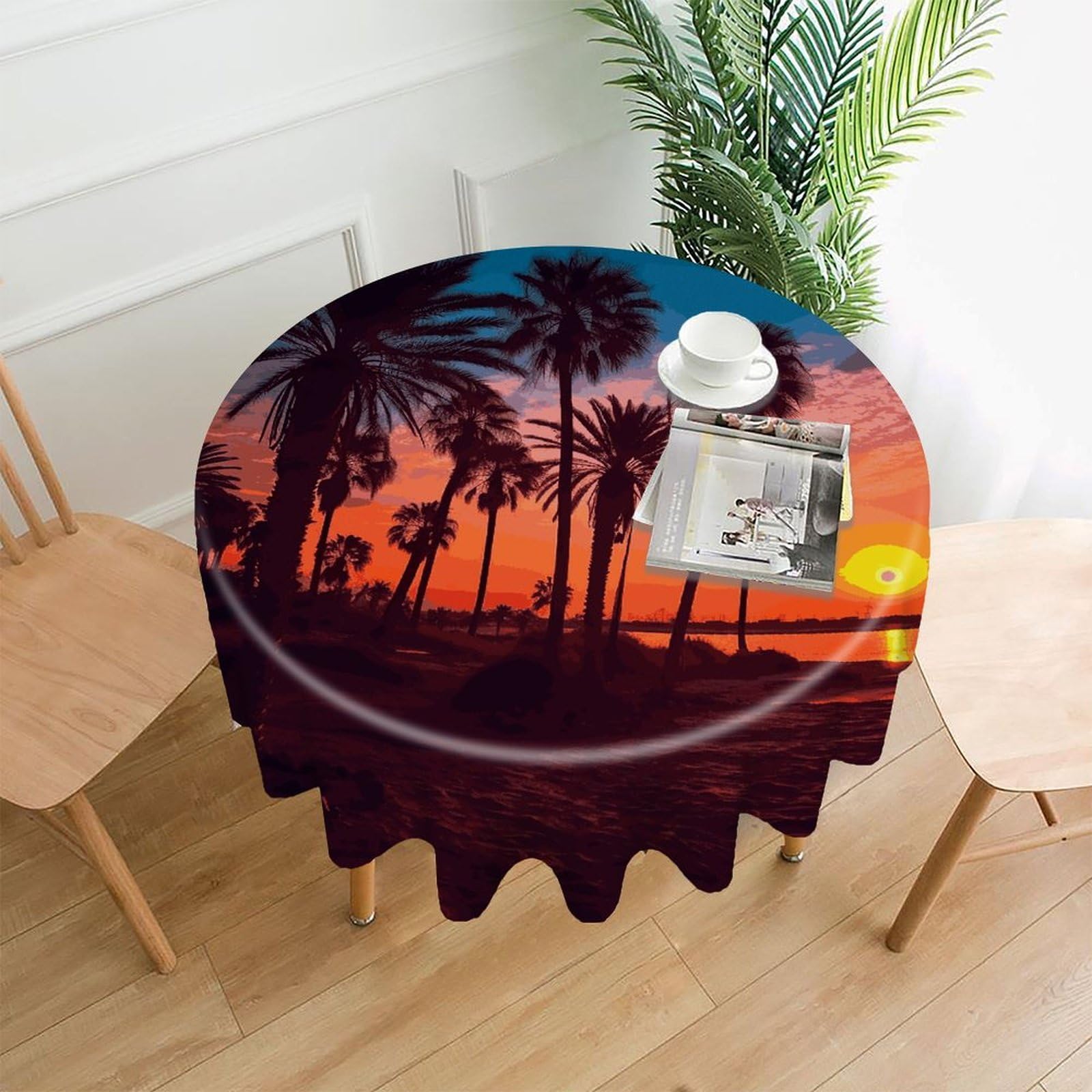 FekiLoot Palm Tree Sunset Round Tablecloth Cover 60 Inch Wrinkle Free Washable Polyester Fabric Table Cover Decorative Round Table Cloth for Home Dining Kitchen Party Farmhouse