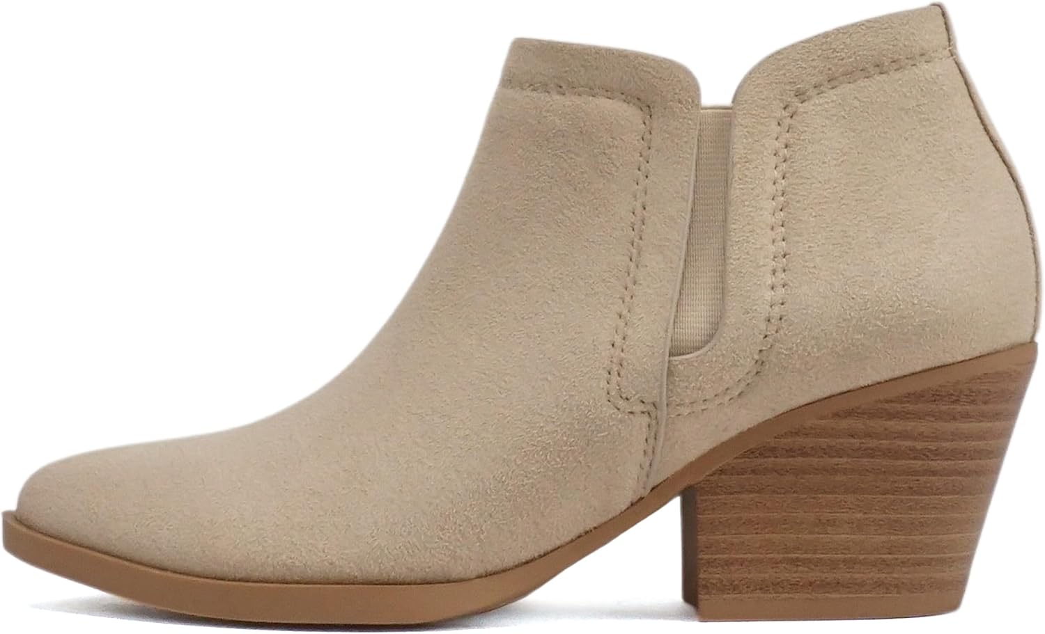 Soda “GWEN” ~ Women Pointed Toe Slip-On Elastic Gore Low Stack Heel Ankle Bootie (Pale Sand Imitation Suede, us_footwear_size_system, adult, women, numeric, medium, numeric_10)