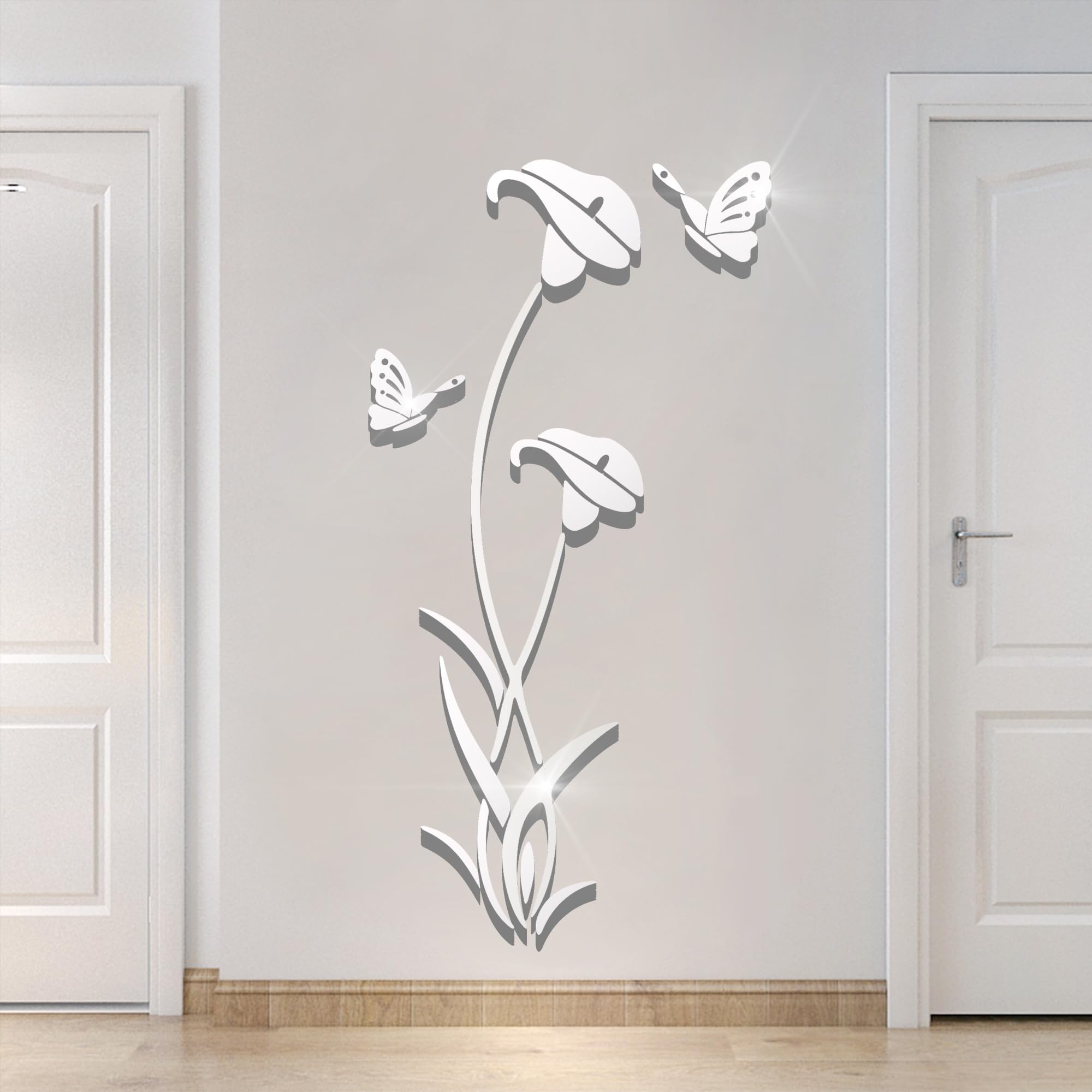 Azonee 3D Mirror Flower Wall Sticker, DIY Acrylic Mirror Setting Glass Wall Sticker Decal for Living Room, Bedroom, TV Wall, Porch, Restaurant 70.8 x 37.4 in (Silver)