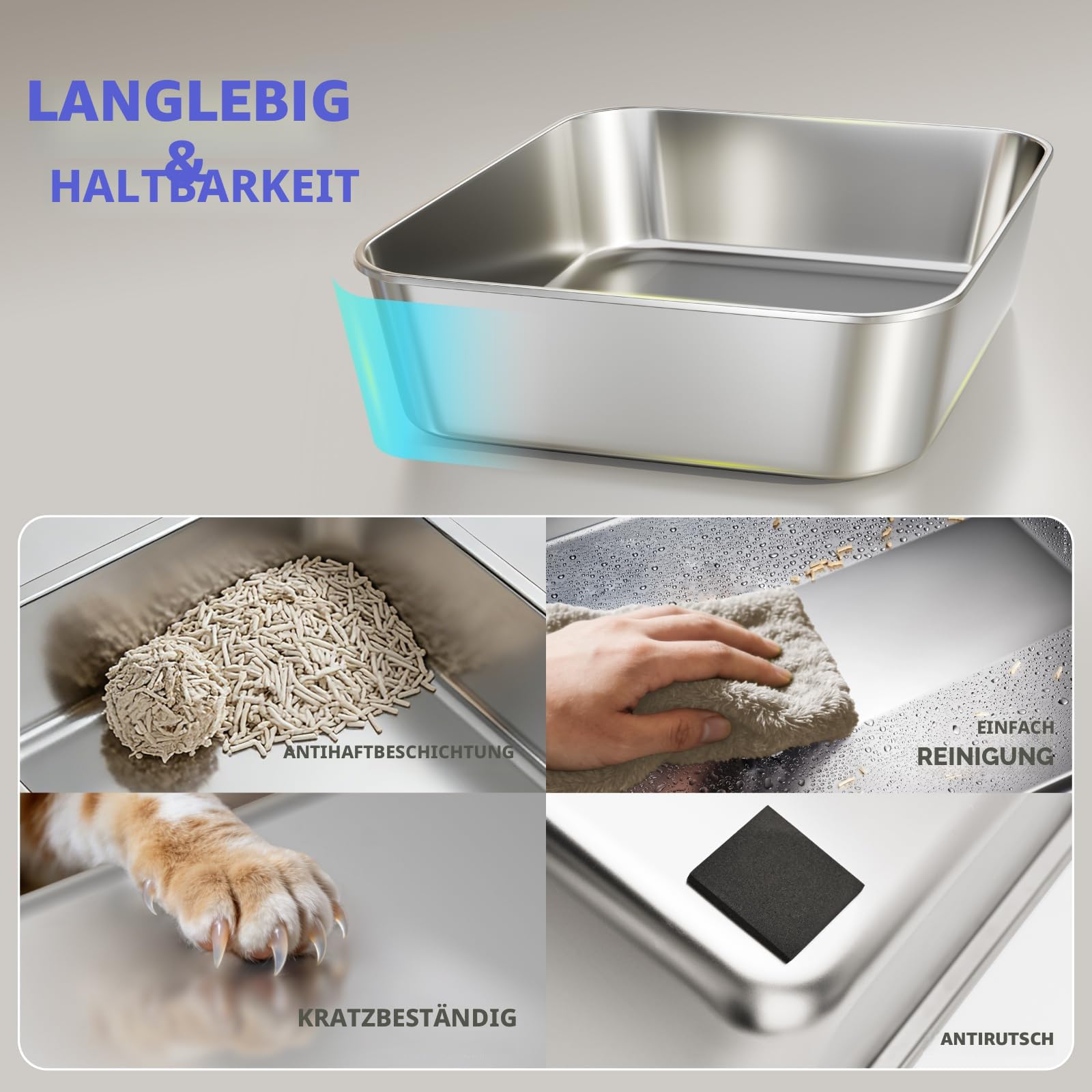 2 Pack Katzenklo Edelstahl Gehege mit Deckel, große Katzentoilette aus Edelstahl, Katzenklo Mit Hochwandigem Seitengehäuse, Nicht-Klebrig, Auslaufsicher & Einfach zu Reinigen, nklusive Schaufel, M