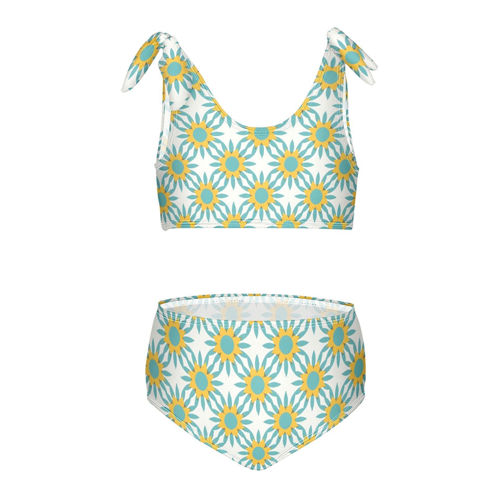 Sunflowers Pattern Turquoise Accents Minimalist Girls Two Piece Tankini Swimsuits Summer Bathing Suit Beach Swimwear Set, 5-6T