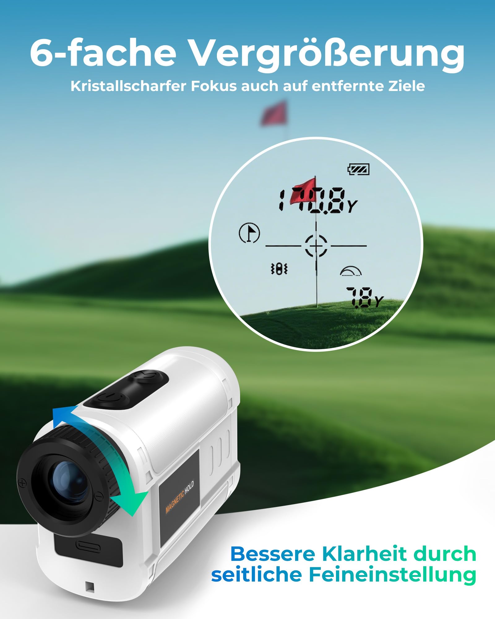 CIGMAN Laser Golf Entfernungsmesser 1200M mit Slope, ± 0,5m Genauigkeit Rangefinder mit Magnetstreifen, Externe Farbanzeige, Flaggensperre, ± 1m Genauigkei, 6X Vergrößerung, Ideales Golfzubehör