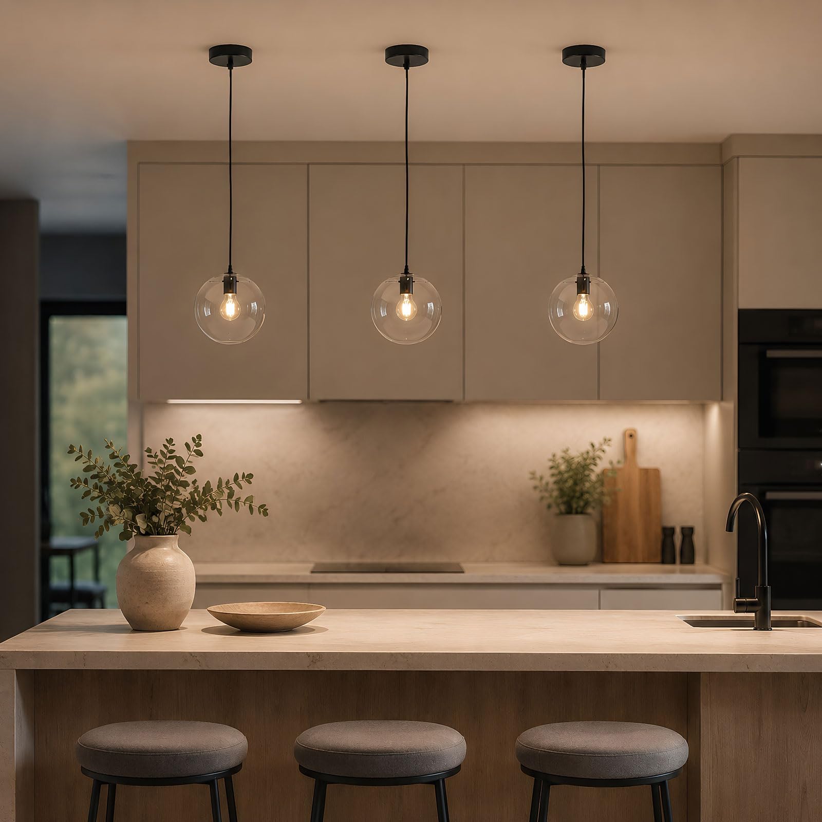 Lampada a Sospensione da Soffitto in Vetro Moderna E27 Globo Trasparente Finitura Dorata Lampadario Regolabile 150cm per Isola Cucina Sala da Pranzo Camera Caffè Corridoio (Nero, 20cm)