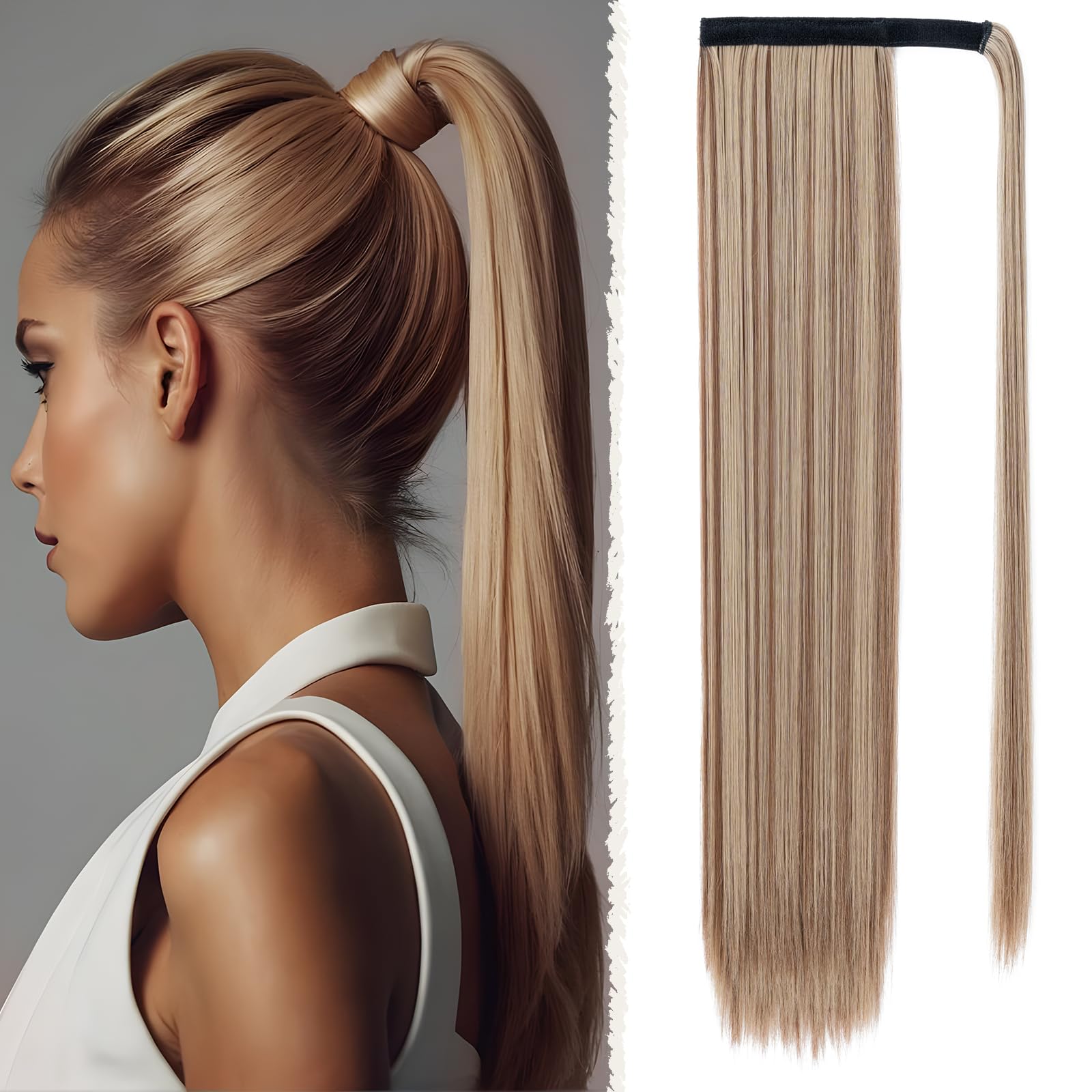 Benehair 28 Inches Straight Ponytail Extension Long Wrap Around Drawstring Ponytail Synthetic Hair Extension Ponytail Brown Mix Ash Blonde Hair Pieces for Women(Brown Mix Ash Blonde