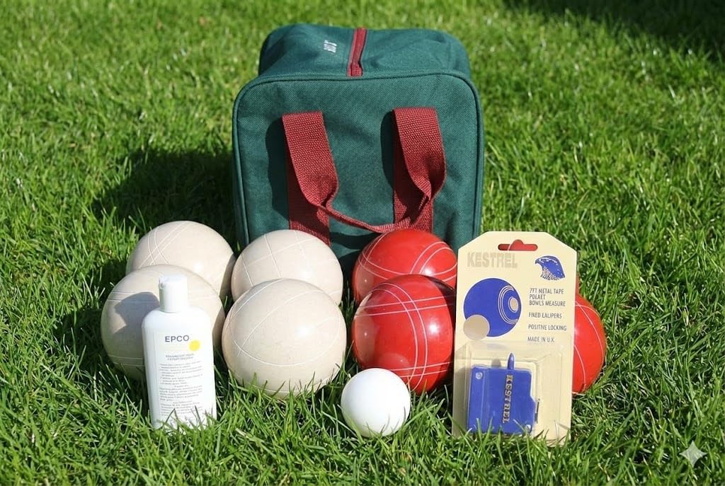 BuyBocceBalls Listing - Made in USA, Premium Quality Tournament Bocce Set - 110mm White and Red Balls, Nylon Maroon Bag, 998 Grams (2 lbs. 3.2 oz.). Polish. Measure Device