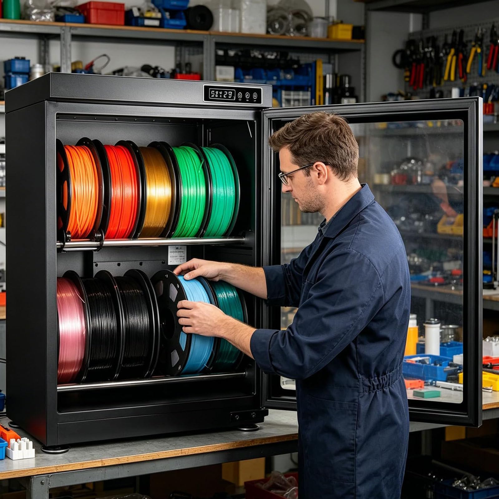 LSBHPPD Anti Moisture Filament Storage Box,Anti-Moisture Storage for 10-12 Rolls of 1kg,Humidity Control Rh15%-Rh60%,Compatible with Nylon,Pla,Petg,Abs,Tpu,For Home and Business 70L