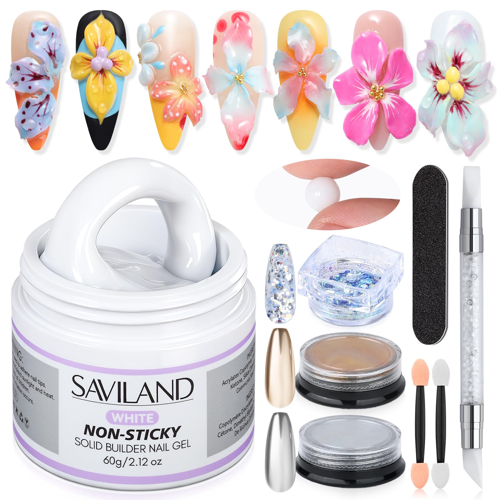 Saviland Solido Sculpture Builder Gel, 60g Sculpture 3D Gel per Nail Art con 2PCS Polveri Cromate per con e Strumenti Kit Gel Costruzione Estensione per Unghie per Fai da Te a Casa
