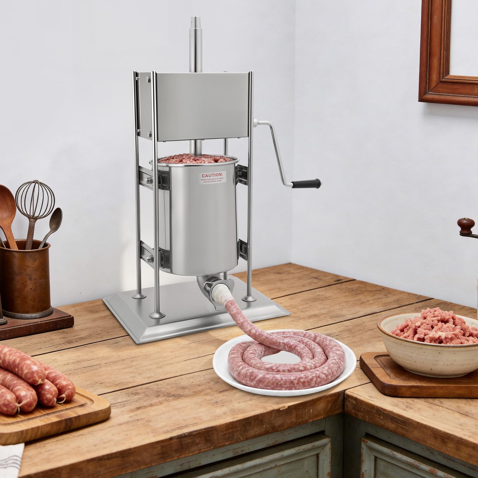 Maszyna do napełniania kiełbas, ze stali nierdzewnej (10 l, srebrna), z korbą ręczną, kiełbasą, prasą do kiełbas, churros Machine, 4 formy, 2 prędkości, przemysłowa maszyna do napełniania kiełbasy ze