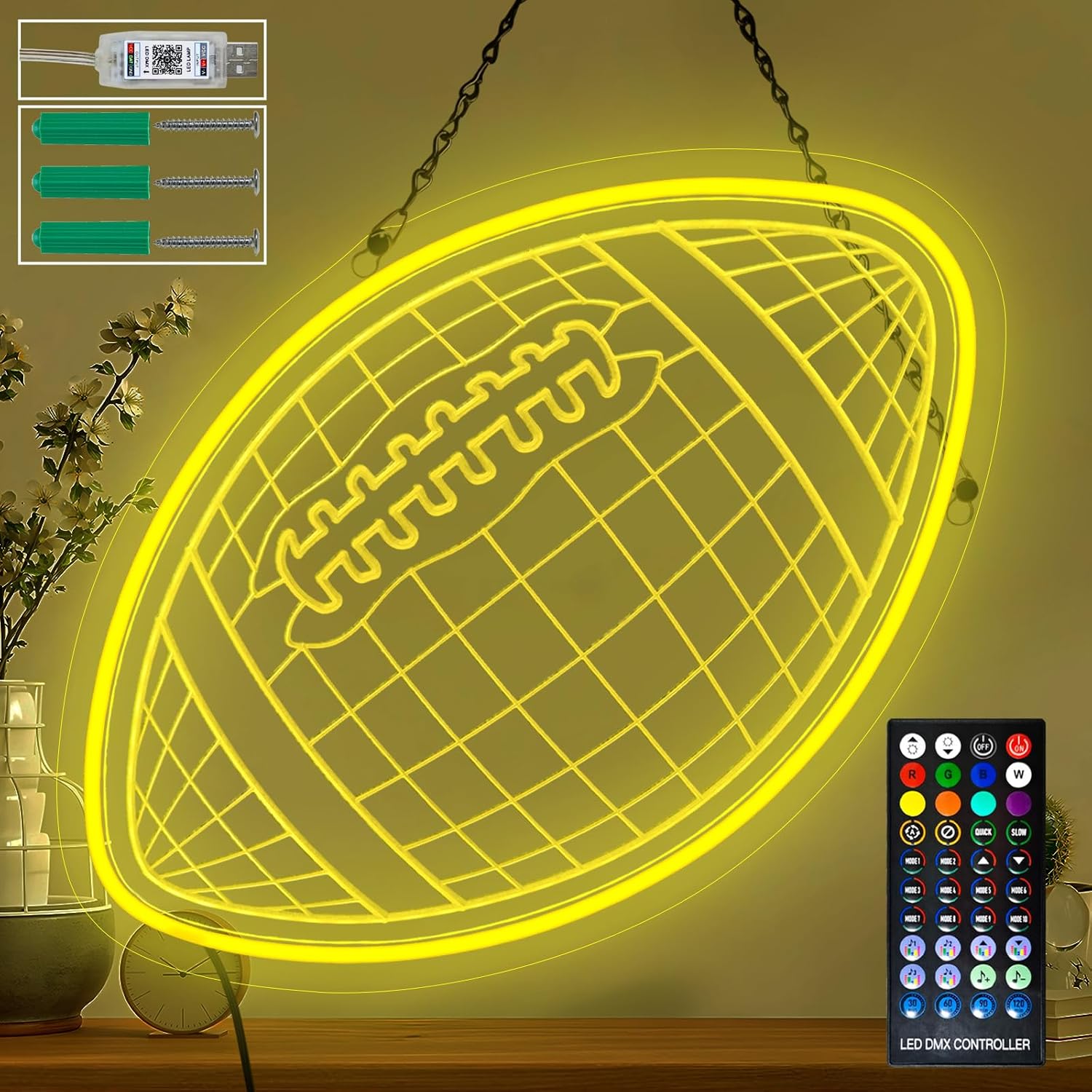 Kids Football Gifts for Boys, 16.9×10.9 Inch Led Football Neon Sign Football Wall Decor with Infrared Remote and App Control Dimmable Football Lamp as Room Decor for Football Kids Gifts