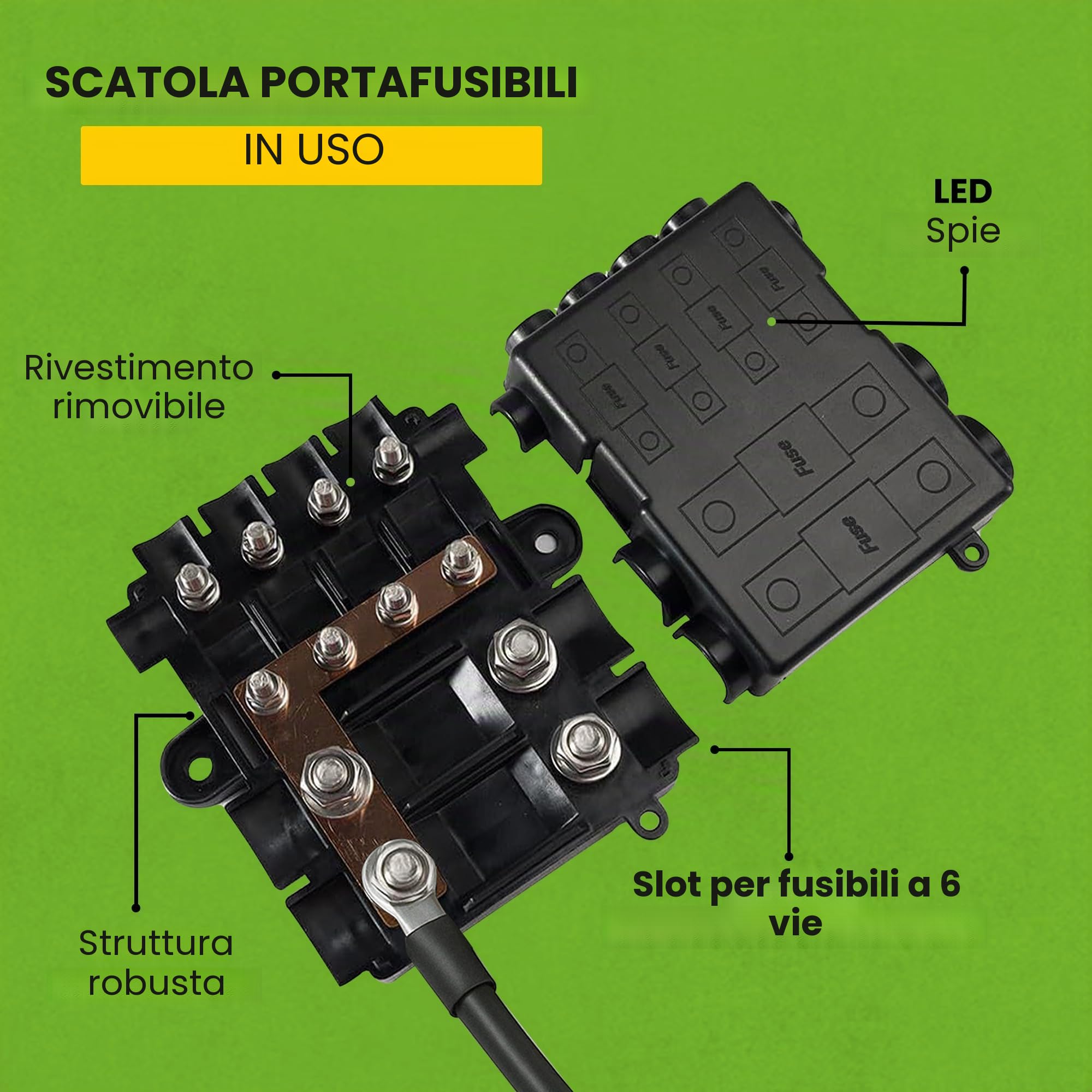 Offgridtec Portafusibili per 2 mega + 4 fusibili Midi, con busbar, alloggiamento in poliammide con coperchio, robusto fusibile di distribuzione dell'alimentazione per circuiti alti e medi