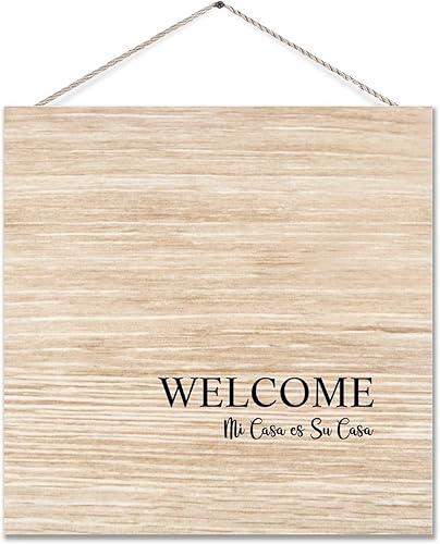 Letrero de madera con texto en inglés "Welcome In Spanish para sala de estar, letrero de casa de campo, placa de madera para colgar, 12" x 12"