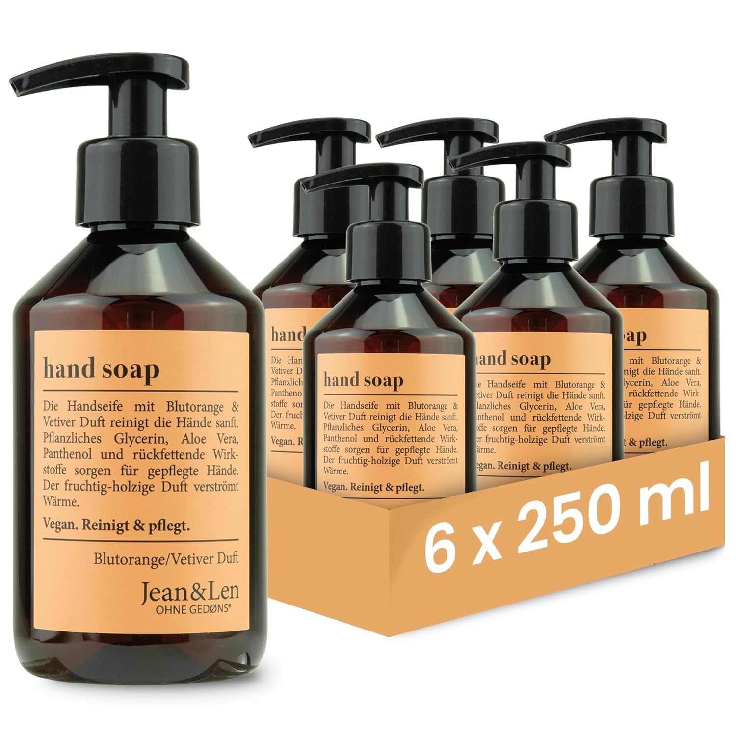 Jabón líquido para manos Jean & Len de naranja sanguina y vetiver, en set, limpia suavemente las manos, jabón líquido en dispensador con bomba, aroma afrutado, sin parabenos, vegano, 6 x 250 ml