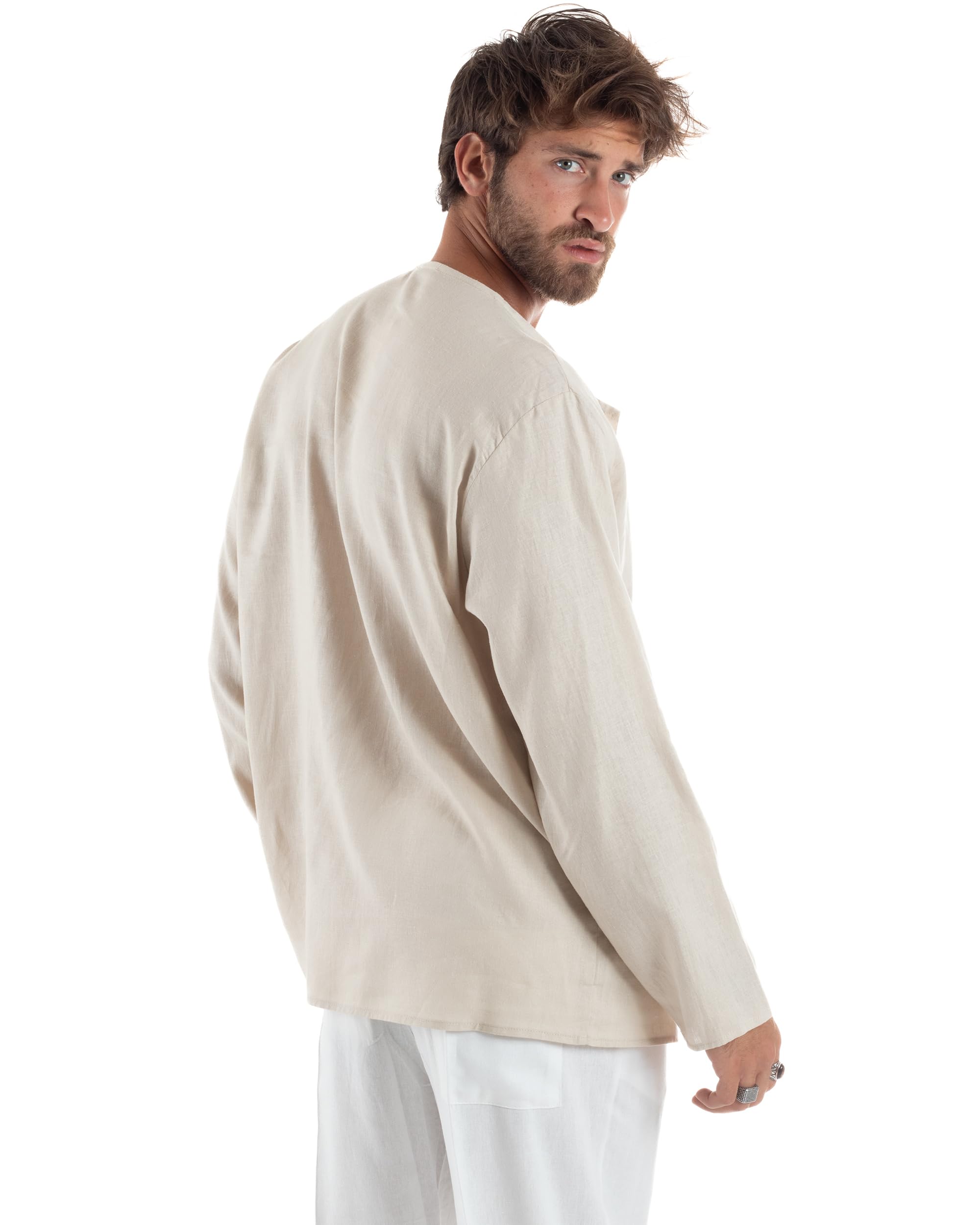 Camicia Uomo Casacca Lino Relaxed Fit Maniche Lunghe Casual Fresca Leggera Collo Serafino Tinta Unita Vari Colori