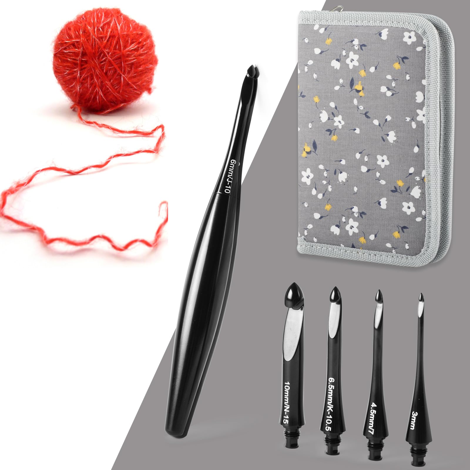 Svartur Austauschbares Häkelnadel-Set mit 12 Haken, ergonomische Häkelnadeln, großer Griff, US-Größen E-4 bis N-15 (3 mm-10 mm), glatt und leicht, Häkelset mit Aufbewahrungskoffer, Schwarz