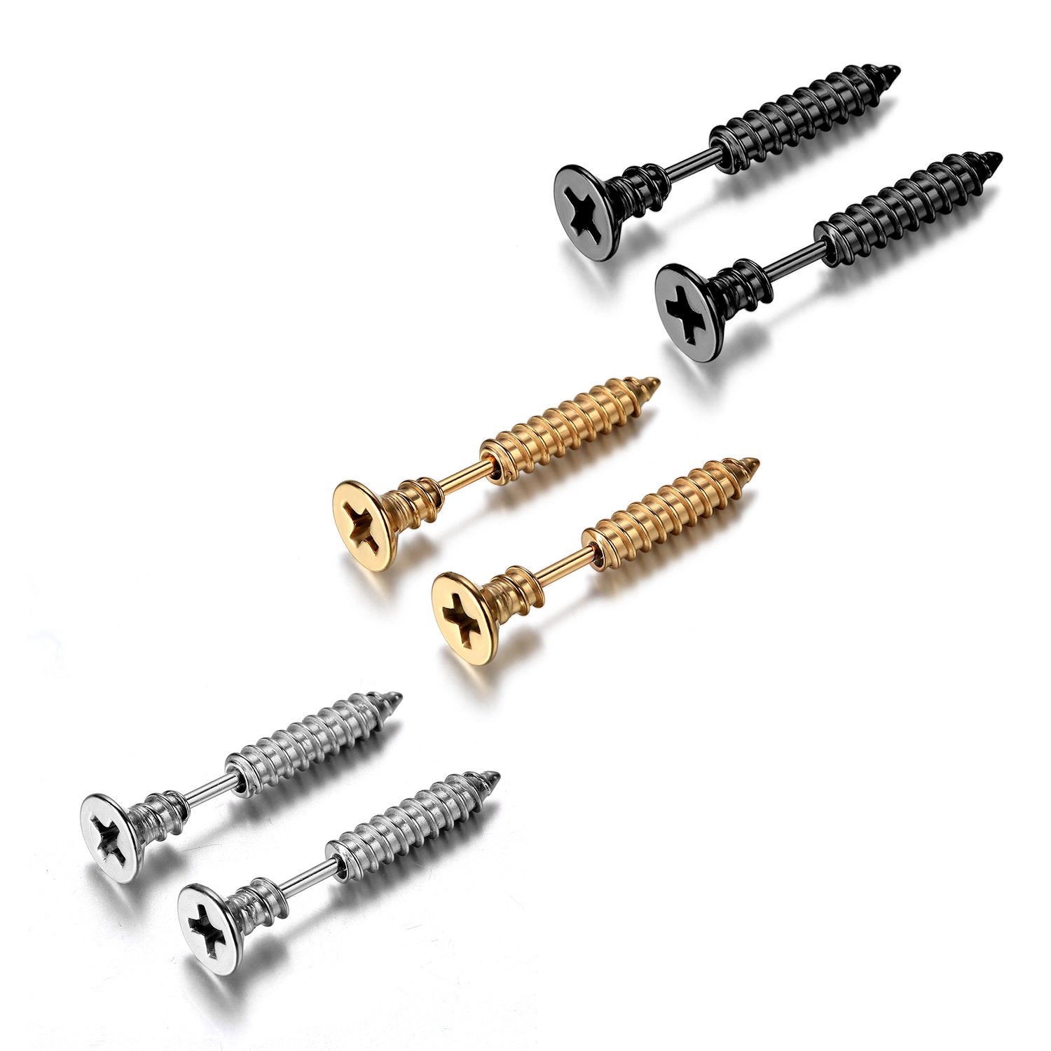 CupimatchCupimatch 3 Pairs Mens Cool Stainless Steel Screw Bolt Tragus Cartilage Earring Illusion Ear Plug