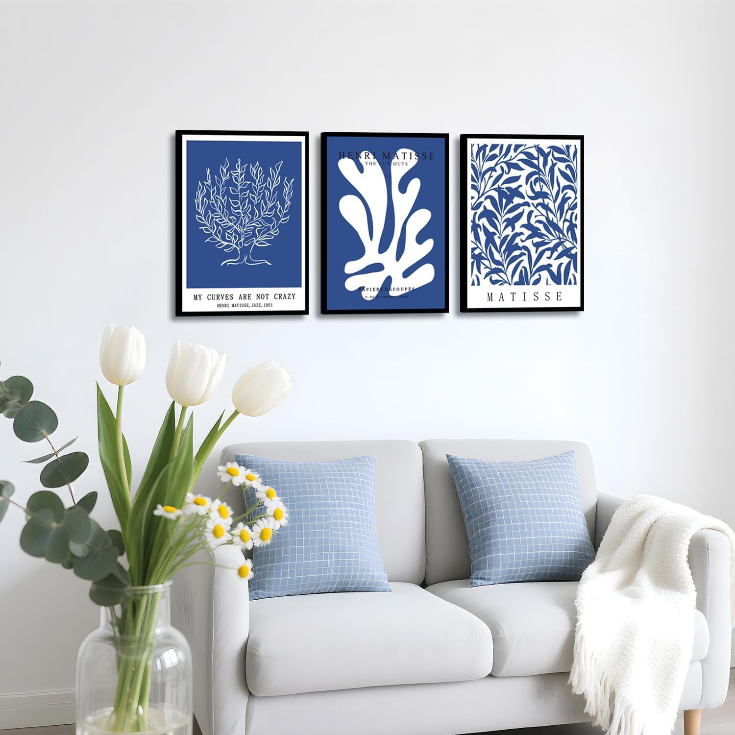 lianyibo Henri Matisse, niebiesko-białe abstrakcyjne linie botaniczne, nowoczesny plakat minimalistyczny, dekoracja domu (60 x 80 cm x 3 / rama wewnętrzna)