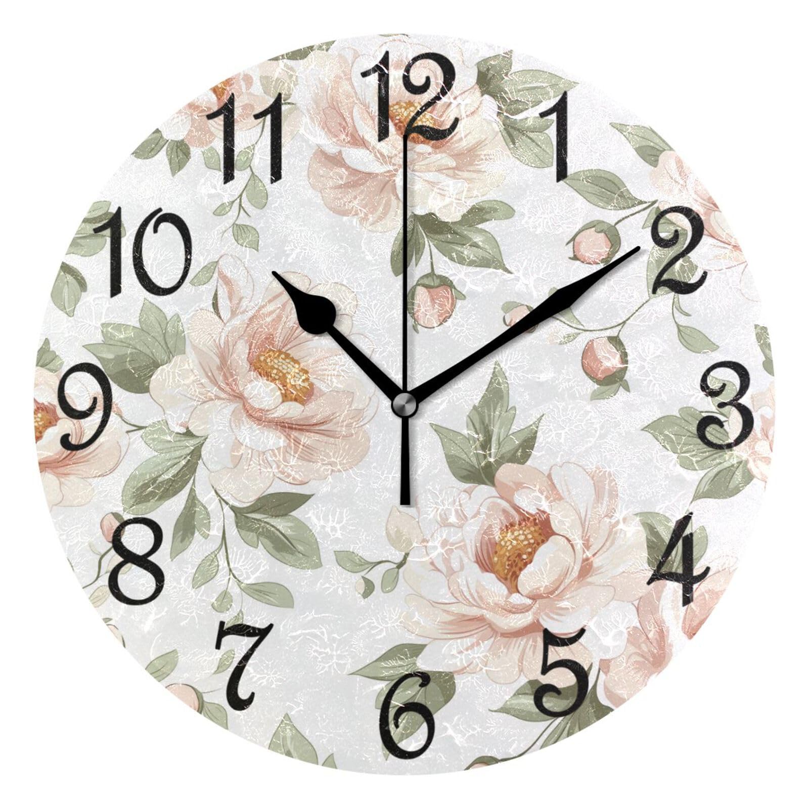 Horloge Murale Anti Tic-Tac Fleurs Roses Clair pour un Sommeil Paisible