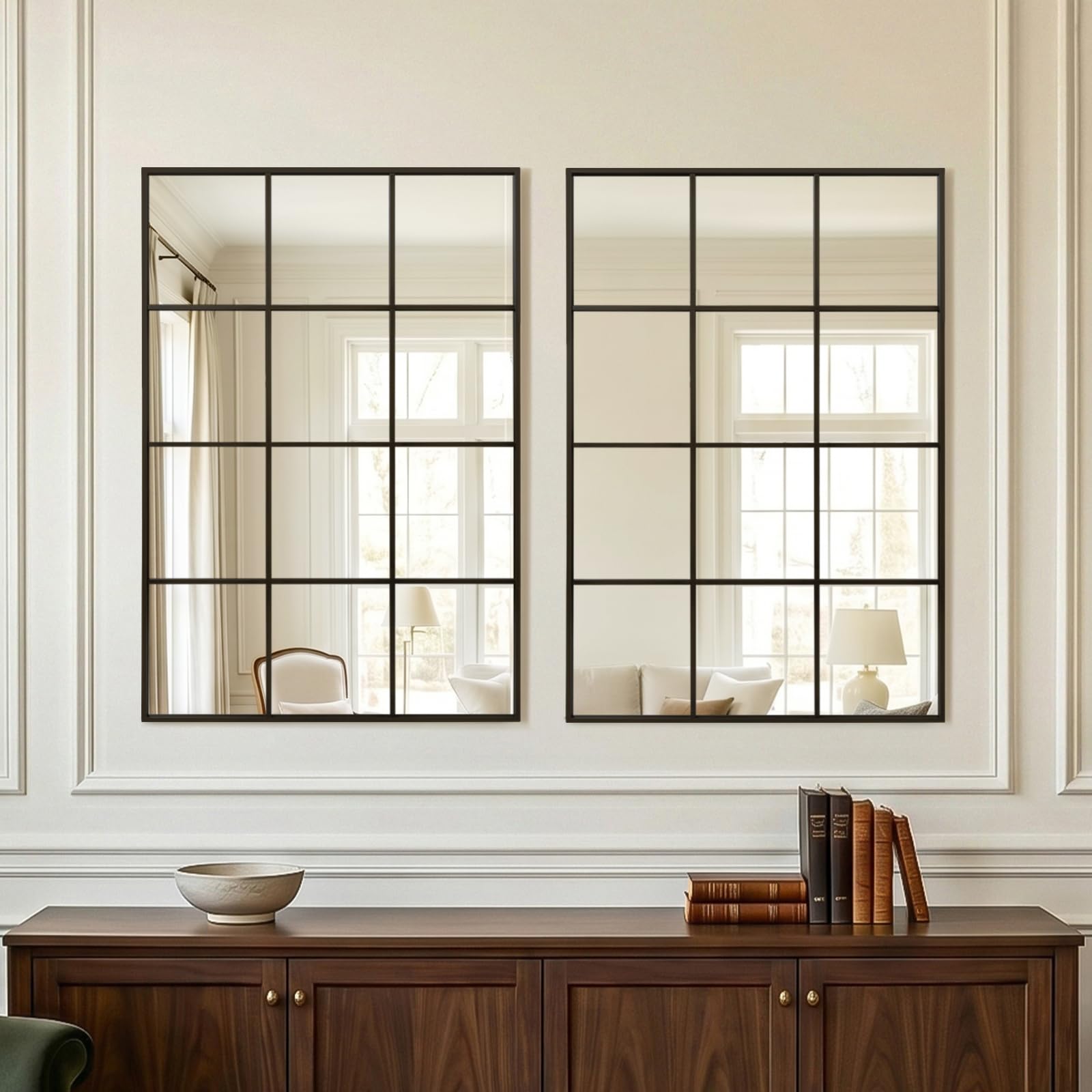 Reflix Miroir de jardin extérieur, 120 x 75 cm, miroirs muraux pour décoration, miroir de fenêtre avec cadre en aluminium pour couloir, salon, chambre à coucher, entrée, noir