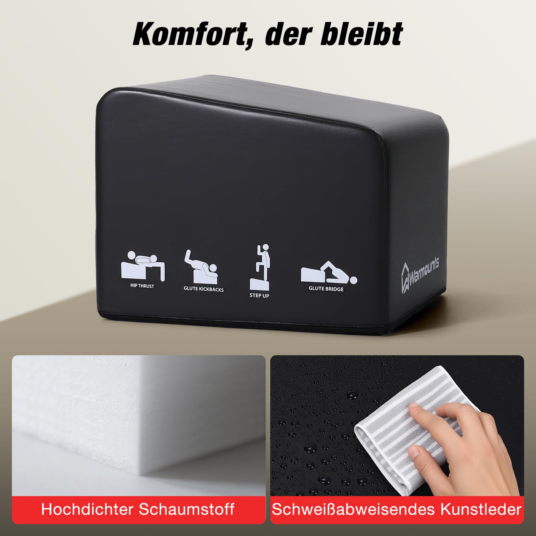 WARMOUNTS Hip Thrust Bench, Multifunktionales Hip Thrust Machine für Krafttraining, Gesäßbrückenbox mit Griff, Anti-Rutsch-Pad und glattem Rand-Design, für Zuhause und Fitnessstudio