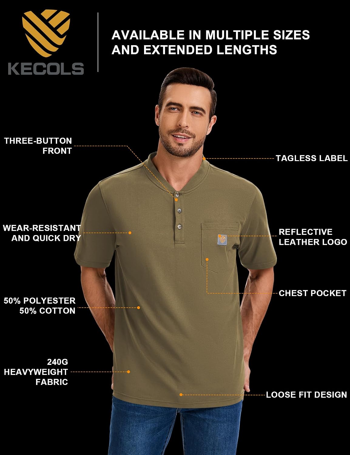 Men's Loose Fit Heavyweight Short-Sleeve Pocket Work Henley T-Shirt (Regular&Tall)