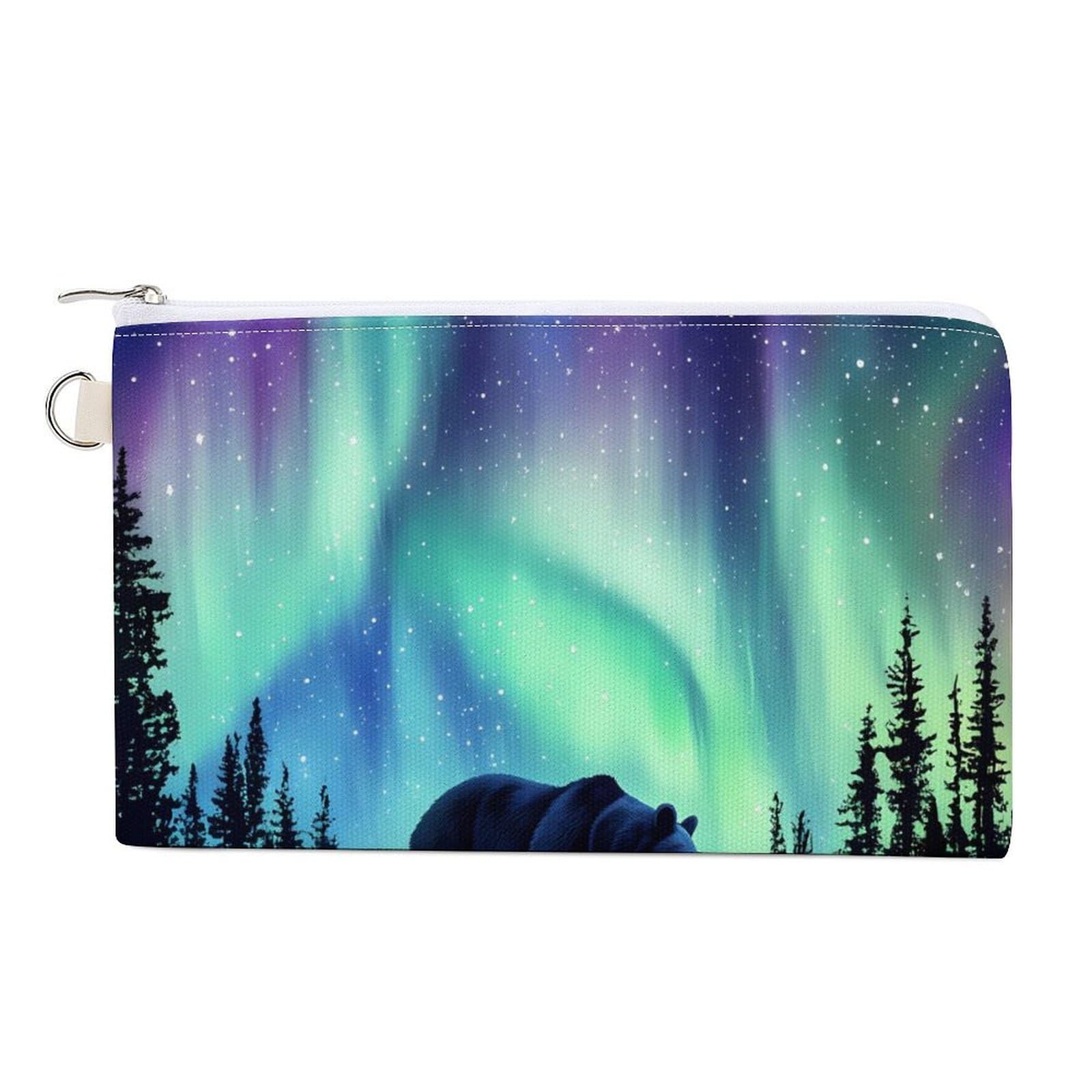 Bear Northern Lights Print Coin Purse Canvas Change Pouch Portable Pocket Wallet Mini Storage Bag with Zippered Keychain