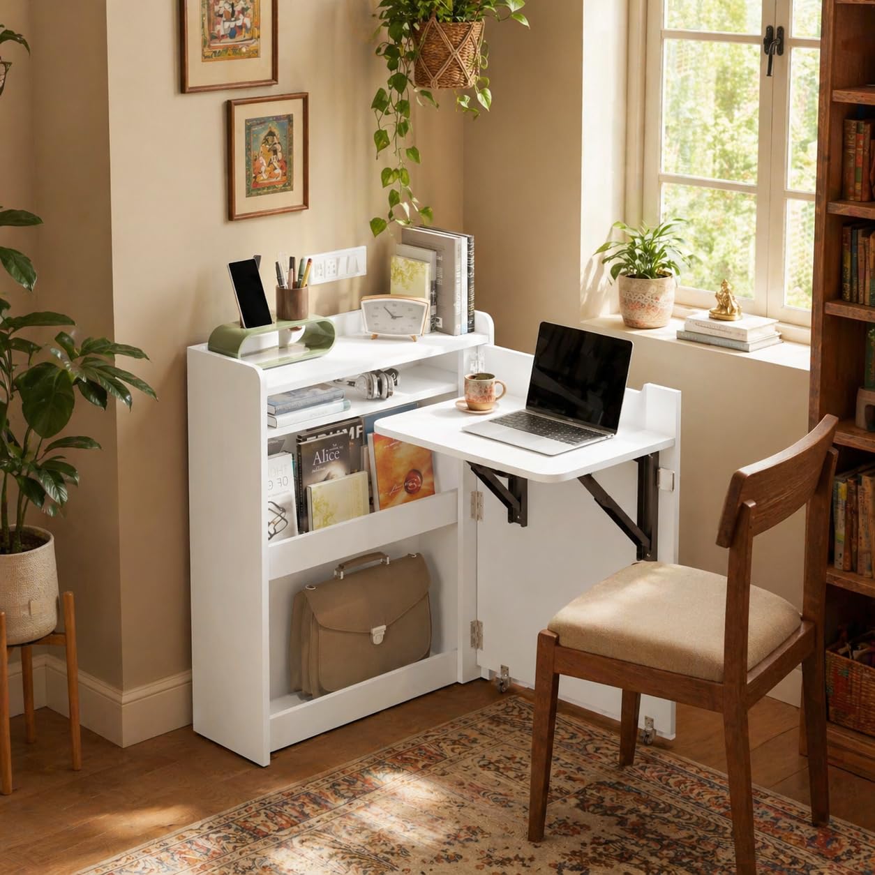 Studio Kook Aria Space Saver Folding Study Table with Storage, Engineered Wood, Matte Finish (Moonshine White)