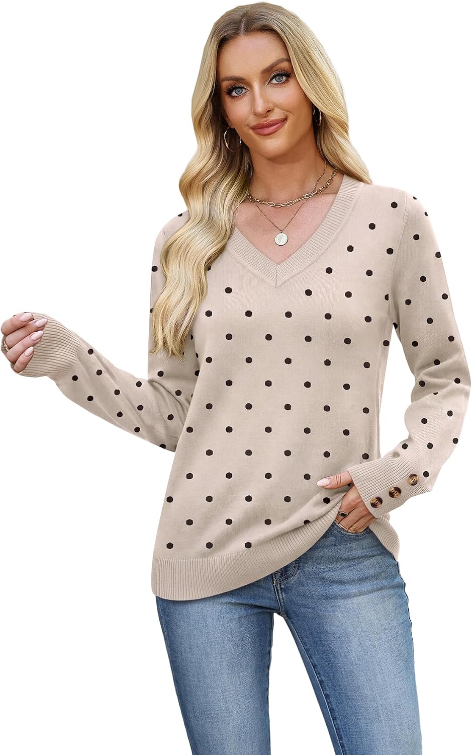  Lightweight Sweaters for Women Long Sleeve V Neck Knit Outfits with Decorative Buttons thumbnail