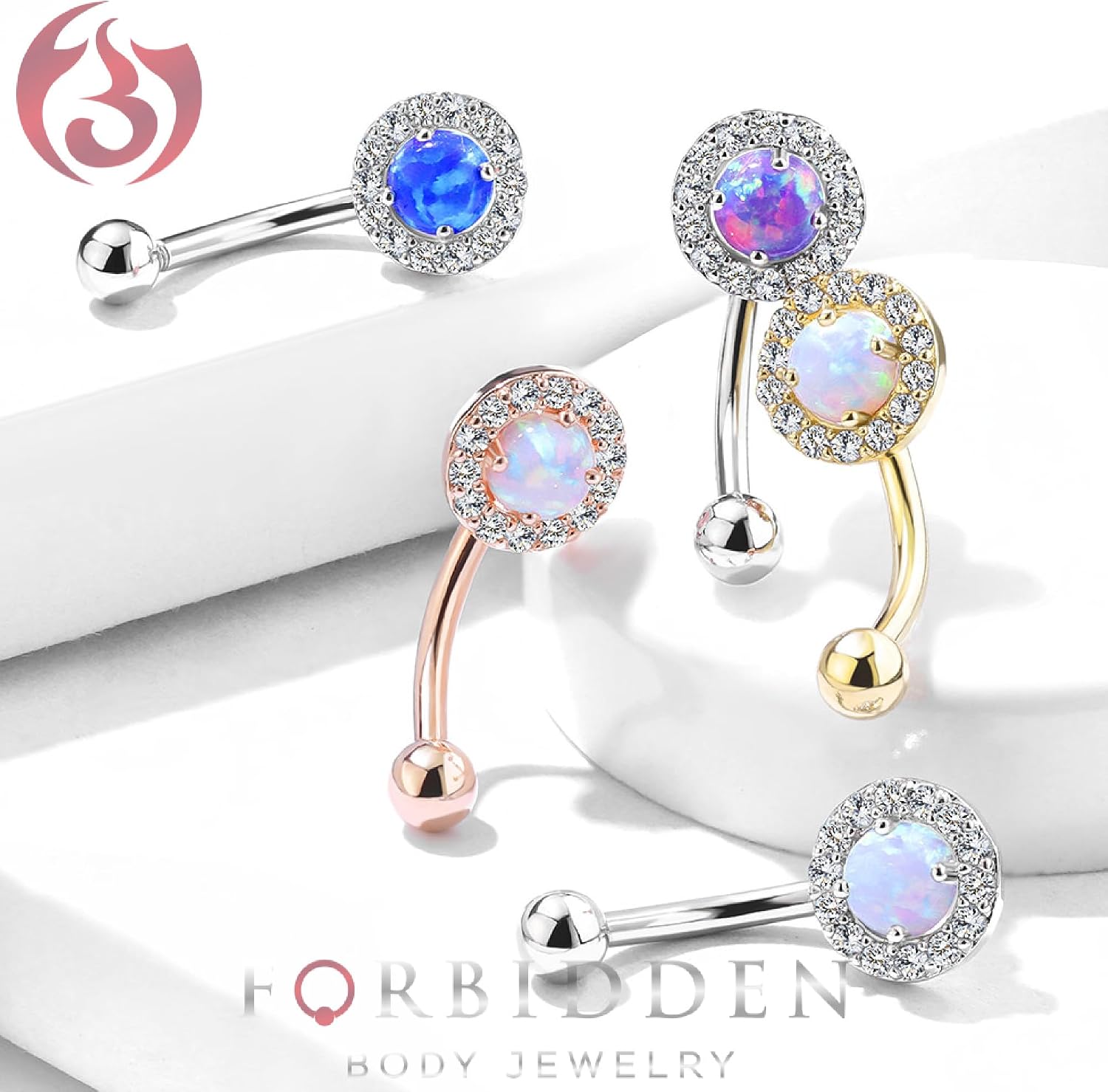Forbidden Body Jewelry 16g 6mm Surgical Steel Curved Barbell for Daith, Eyebrow, Rook & Belly Button with Round CZ/Opalite Top