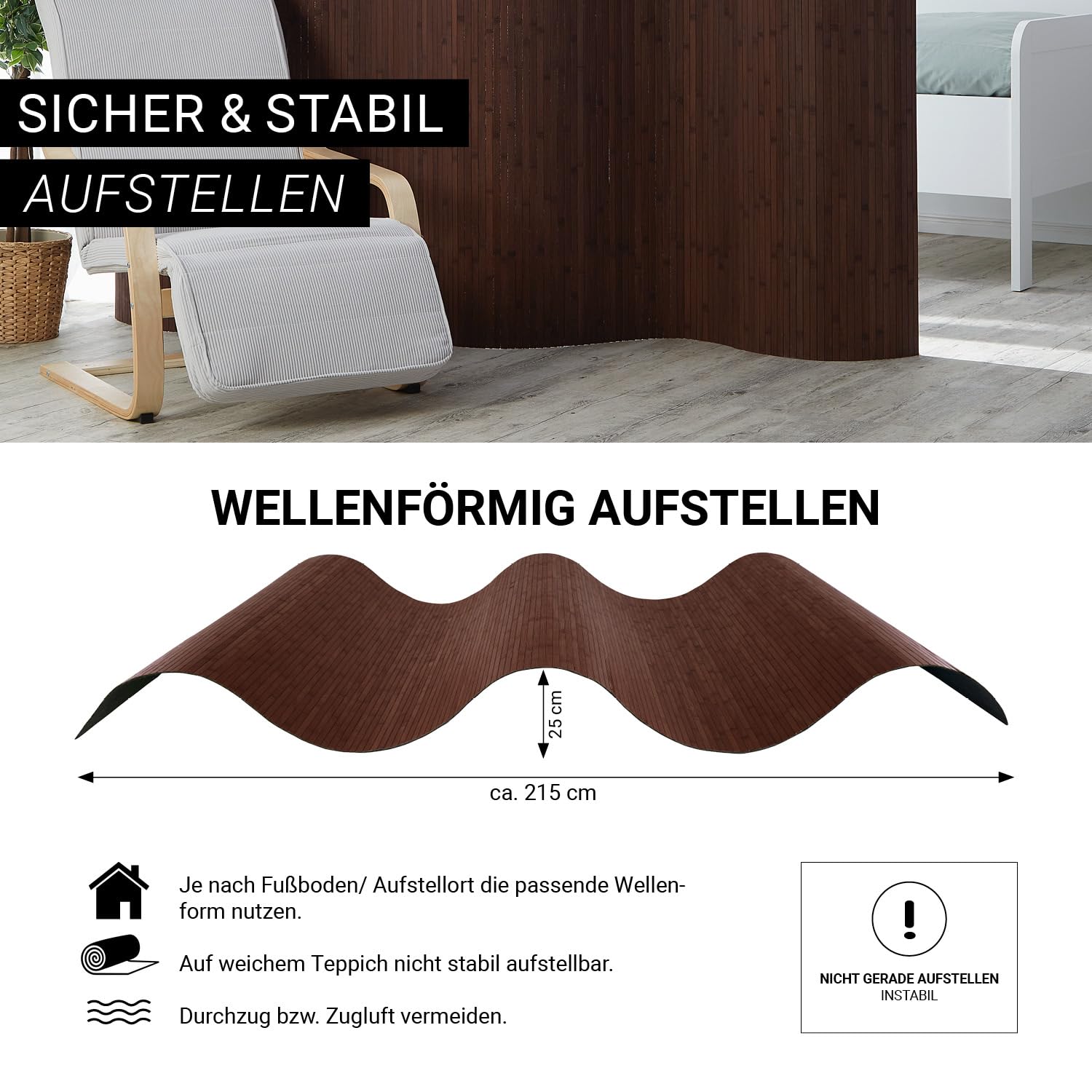 Homestyle4u Paravent en bambou 145 x 250 cm (H x l) - Marron foncé - Pliable - Brise-vue - Paroi espagnole pour salon, chambre à coucher, bureau - Forme ondulée enroulable - Article 3138