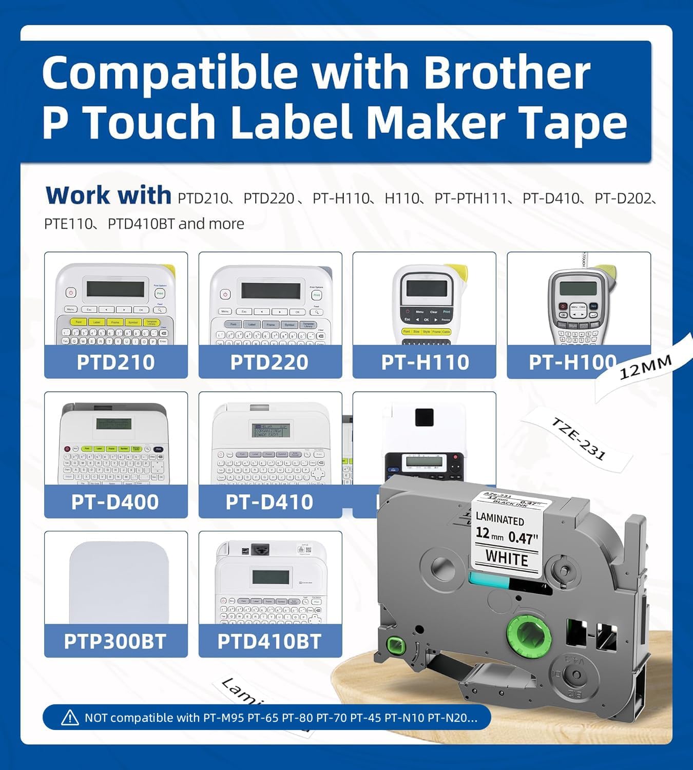 Replace for Brother P-Touch Label Tape 12mm 0.47" Laminated White TZ Tape TZe-231 TZe231 Compatible with Brother Ptouch Label Maker PT-D210 PTH110 PTD220 PTD410, 6-Pack