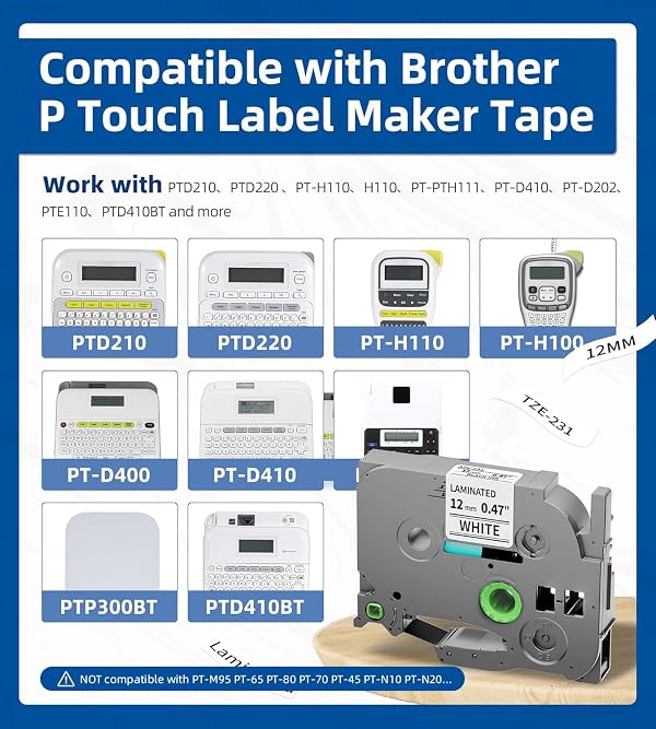 Replace for Brother P-Touch Label Tape 12mm 0.47" Laminated White by AONOMI - Used condition - US$16.89