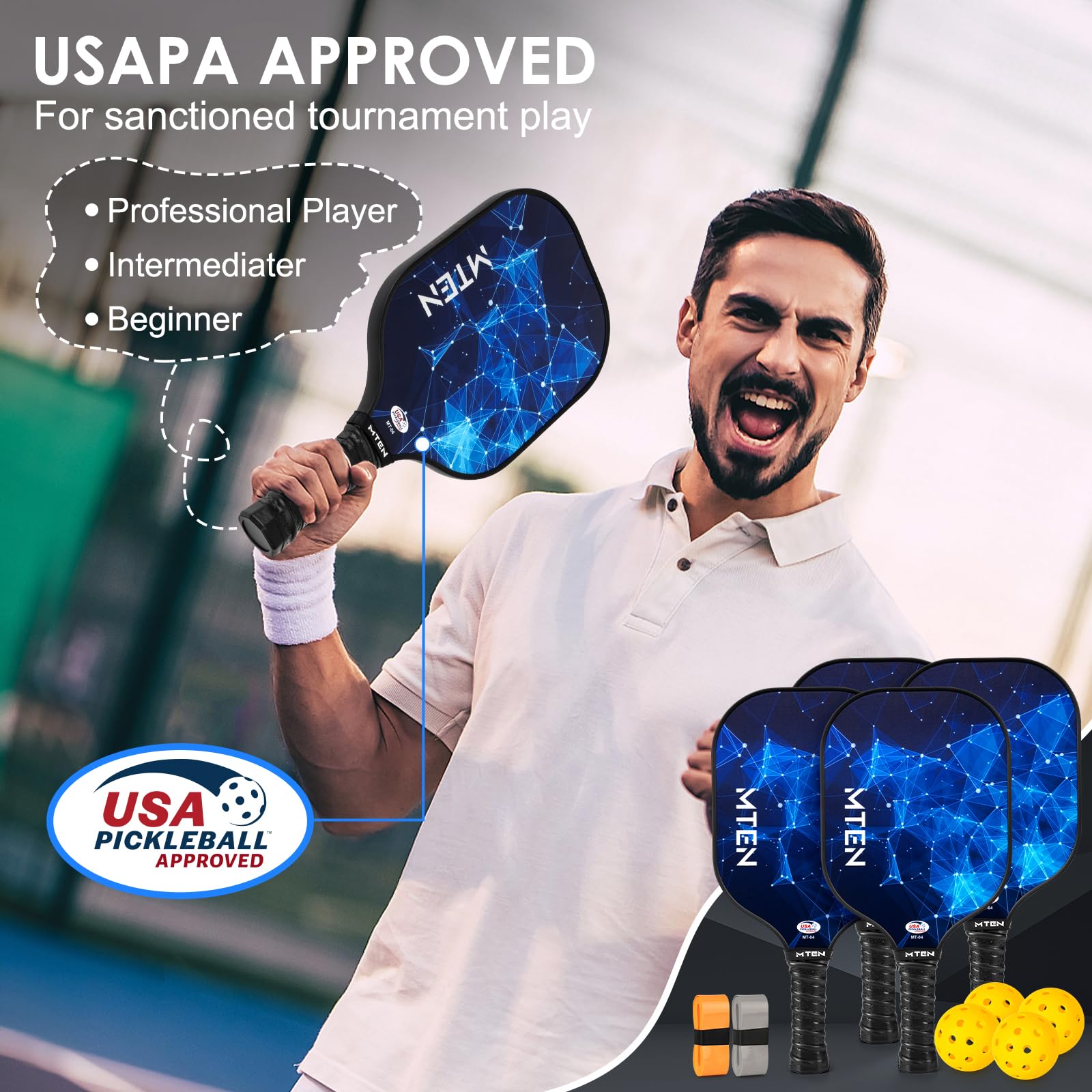 MTEN Pickleball Paddles, USAPA Approved Fiberglass Surface Pickleball Set of 4 Pickleball Rackets, Pickle Ball Paddle Set ​for Beginners & Pros