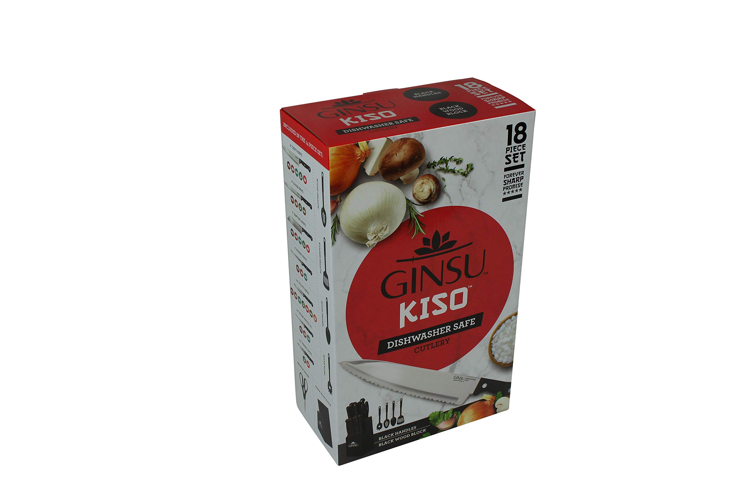 GINSU Kiso® Dishwasher Safe and Always Sharp, 18 Piece Black Knife Set with Black Block