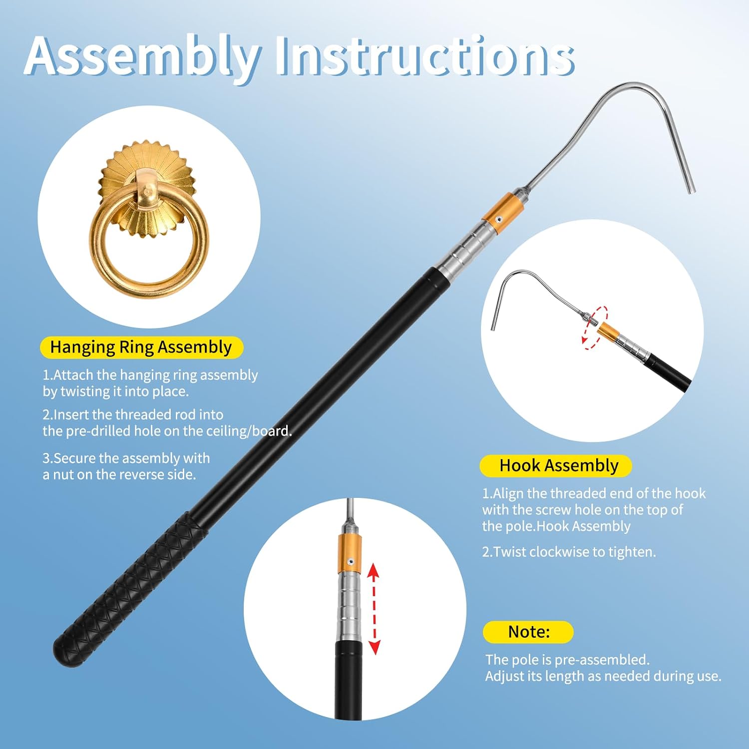 Attic Pull Down Hook,Attic Ladder Pull Down Stair System Parts,Designed As A Replacement for The Attic Pull-Down Cord in The Attic Ladder Pull-Down System Kit, Featuring A 63-Inch Telescoping Rod