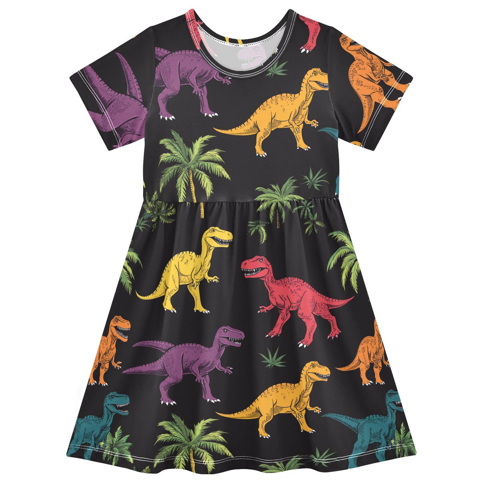 Wusikd Dinosaurs Girl Short Sleeve Tank Dress Colors Leaves Crewneck Twirl Swing Dress for Kids 3T
